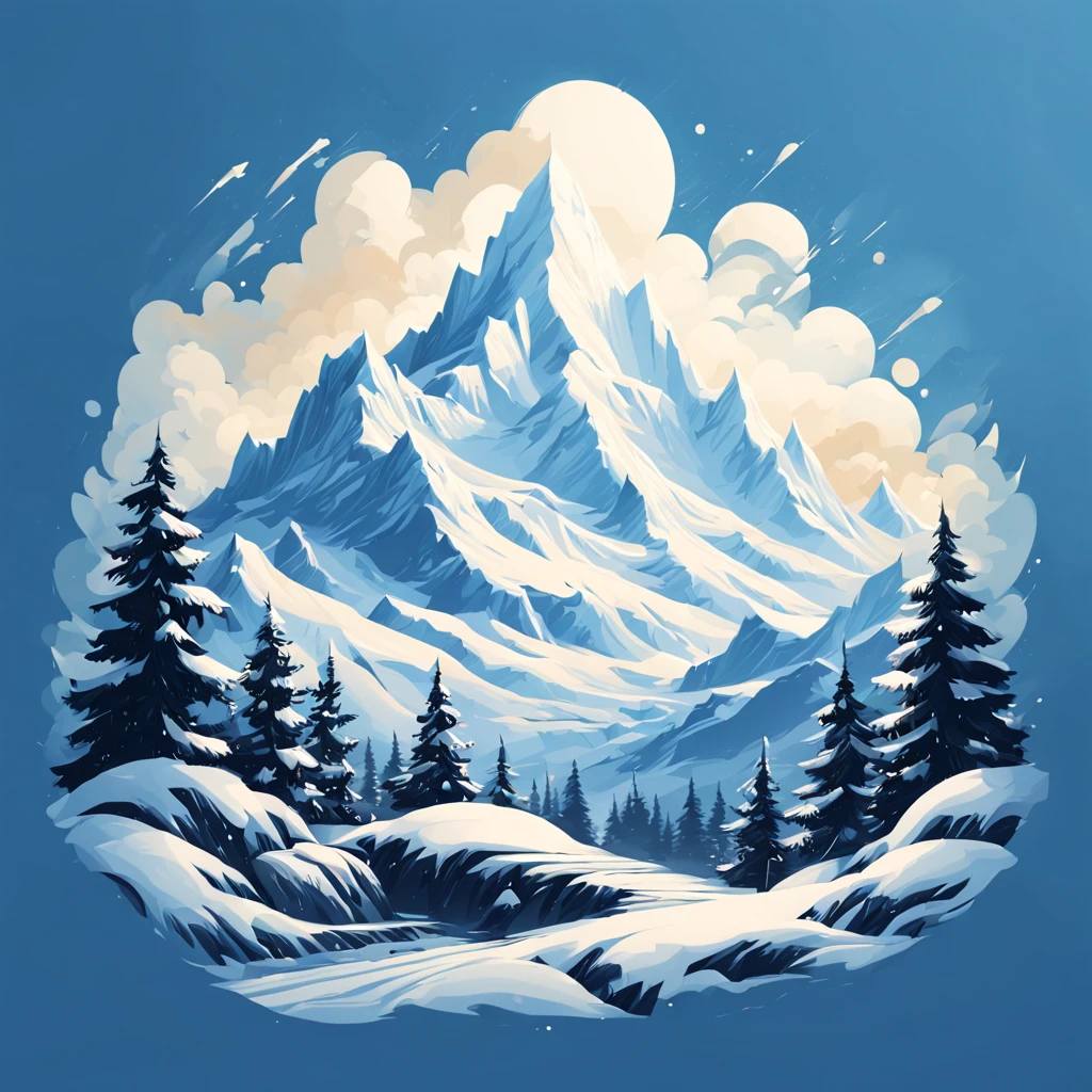 t-shirt design, painting of a snow mountain with big snowfall, a detailed painting by Petros Afshar, shutterstock contest winner, environmental art, detailed painting, outlined art, 2d game art, isolated background for logo