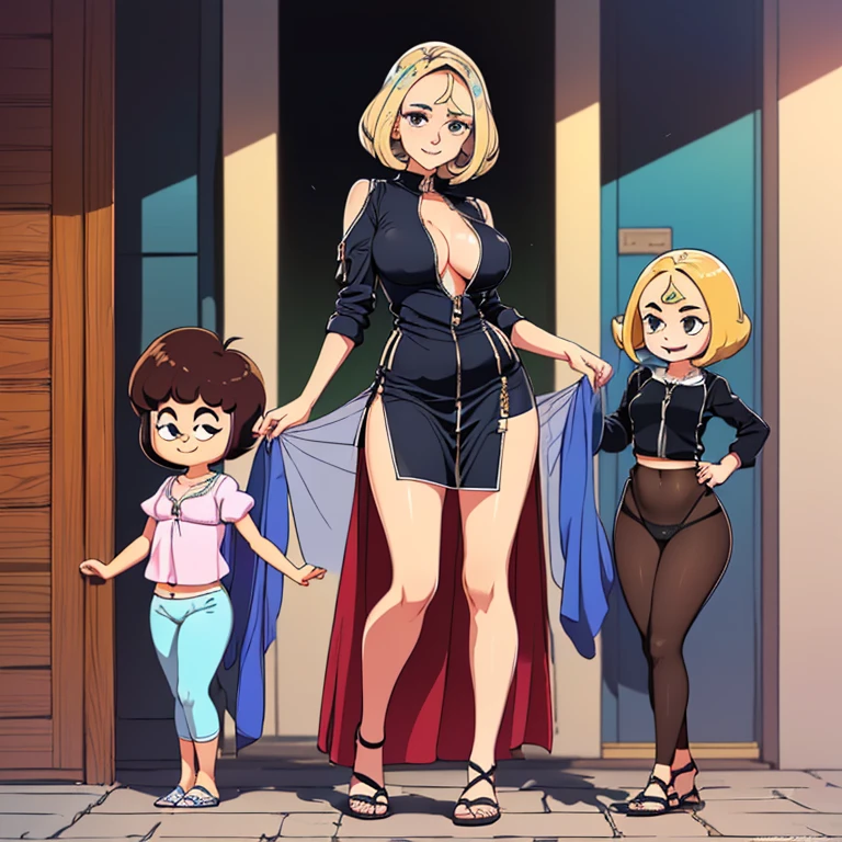 A mom seducing her young son, European 60 year old milfs with their young son with blonde and brown hair, best quality:1.4), (ultra highres:1.2), (8k, RAW photo:1.2), laurenalexis, (1mom, 1son), the mom is showing off their curves, bending over seductively, wearing  outfits and short shorts, with their young son, clear eyes, a mom and her young son