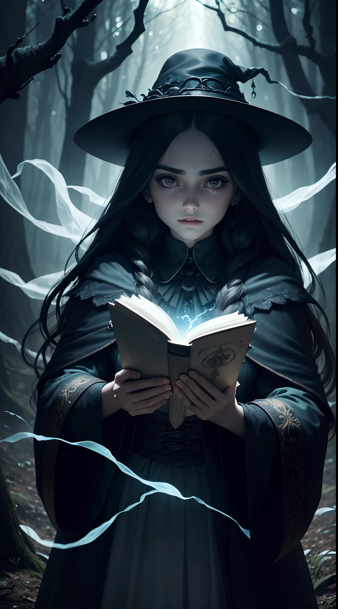 Evil wizard in a clearing in the middle of a cursed forest, Magia negra, Ancient spell book, Swirling smoke, menacing smile, Capa misteriosa, olhos brilhantes, atmosfera estranha, lightnings, castelo imponente, Noite tempestuosa, Equipe torcida, Floresta Encantada, Ominous shadows, Morcegos voadores, gargalhadas, casting spells, magical potions, covil escondido, Mystical powers, Sinister intentions, Malevolent Aura, disturbing presence, magia negra, Runas gravadas, cursed artifacts, Rituais Secretos, energia sobrenatural, Almas corrompidas, Criaturas retorcidas, conhecimento proibido, shrouded in darkness, ethereal glow, sussurros sinistros, planos nefastos, Ghostly apparitions, profecias sinistras, Enchanted victims, Evil Sorcery, supernatural forces (master part), best quality, olhos expressivos, rosto perfeito