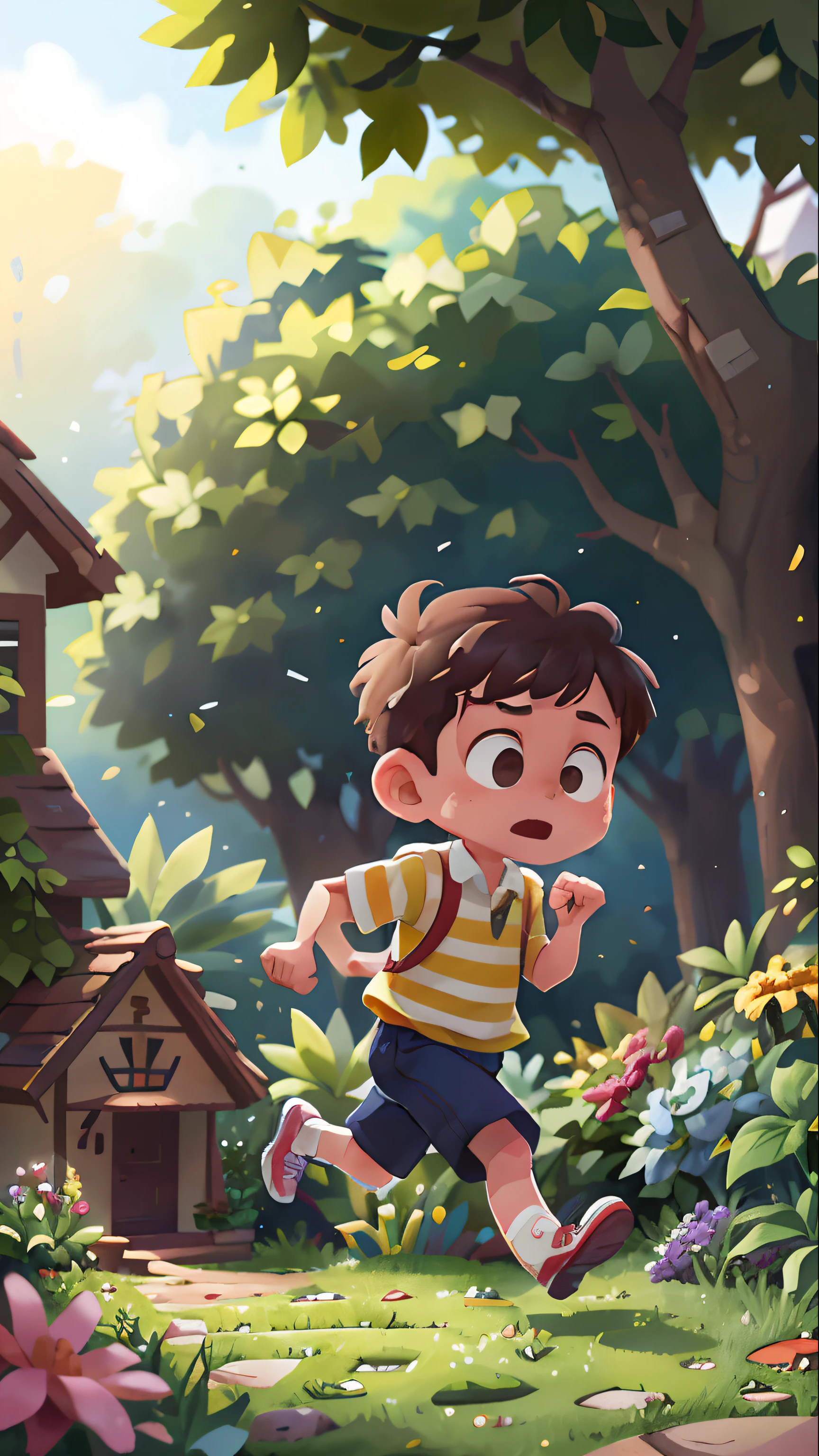 A 6--old is running in a garden, she is wearing gardener's clothes, is scared, scared, perfect quality, clear focus (mess - house: 0.8), (masterpiece: 1.2) (Realistic: 1.2) (Bokeh) (Best quality) (Detailed Skin: 1.3) (Intricate Details) (8K) (Eye Detail) (Sharp Focus), (Unhappy)