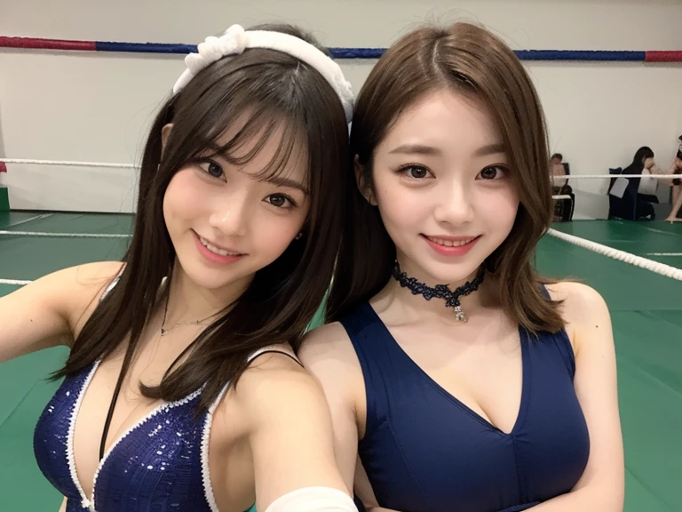 two cute girls with perfect bodies: 1.4, wrestling tag team,same outfit,years, 2,(Lori,lacy fabric,onepiece swimsuit, Very small breasts), Stand in the ring of professional wrestling,extremely detailed face and skin, Detailed eyes, Double eyelids, Grinning smile,stand a little apart,knee high socks,Lori,Lace gloves,straight haired,white hairband,Nogizaka46