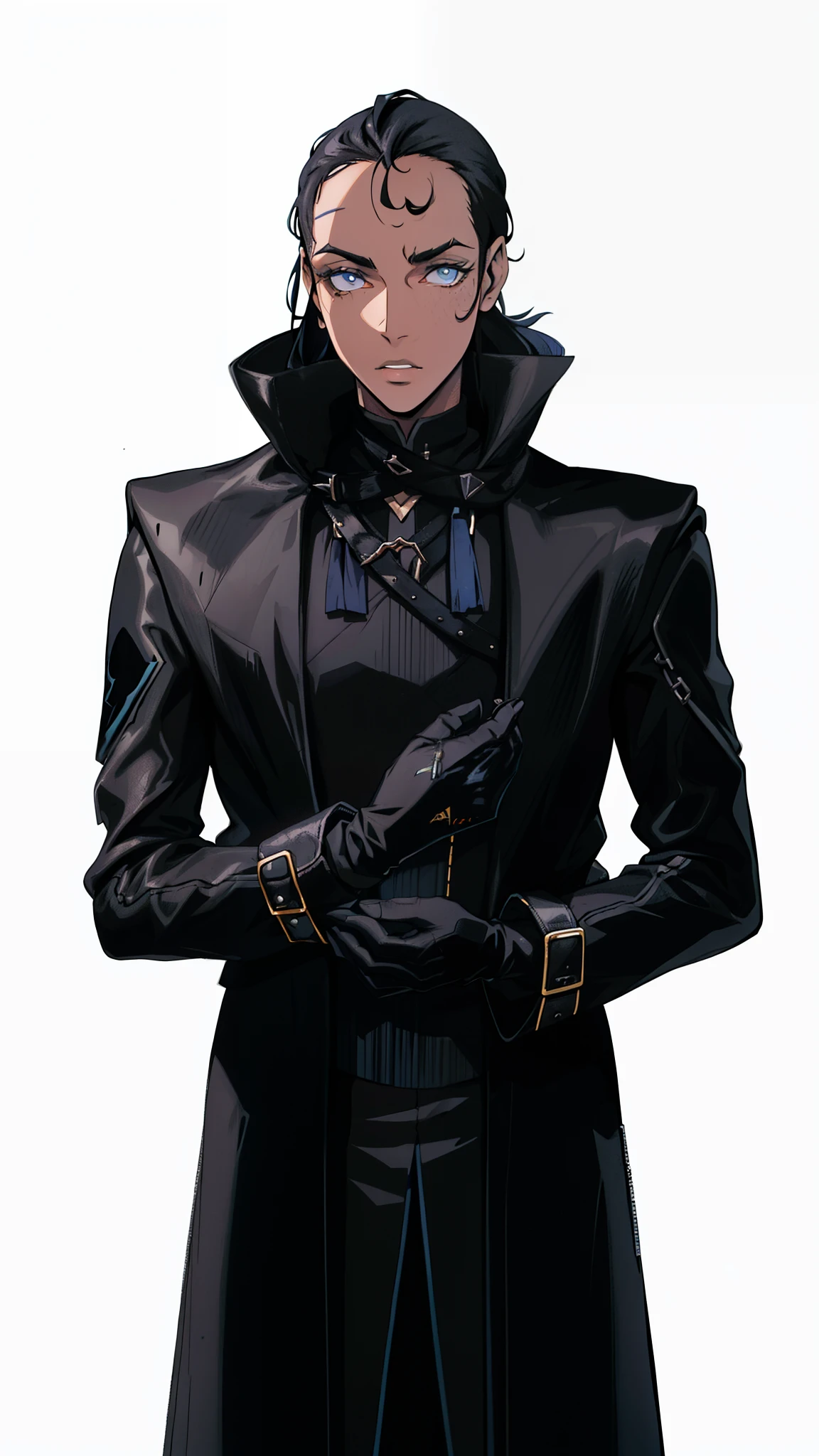 Jovem, pele morena, black hair tied back, sobretudo negro, adjusting black gloves on hands, vestido de negro, olhos amarelos