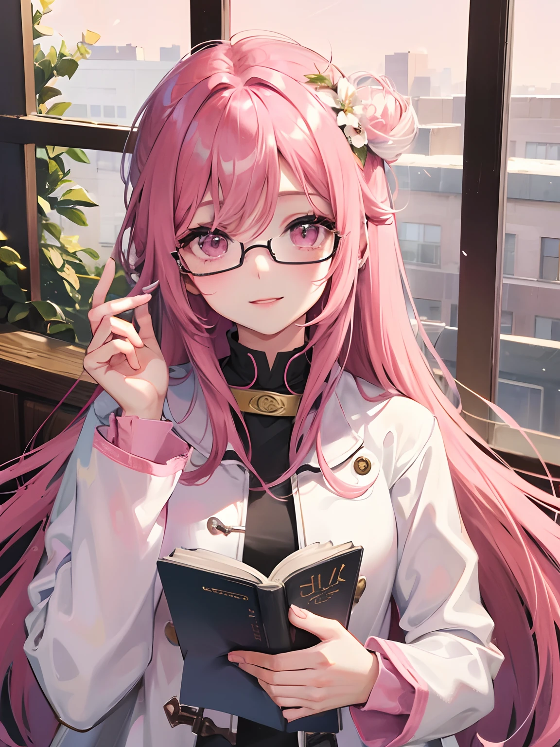 Woman with flowers in her hair, Pink hair long hair、straight haired、Pink eyes、A smile、Unclear、Warm appearance、coat、muffler、Winter clothes、4 fingers, 1 thumb、eye glasses、read a book、Studying