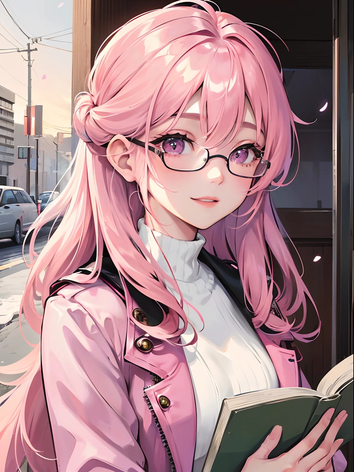 Woman with flowers in her hair, Pink hair long hair、straight haired、Pink eyes、A smile、Unclear、Warm appearance、coat、muffler、Winter clothes、4 fingers, 1 thumb、eye glasses、read a book、Studying