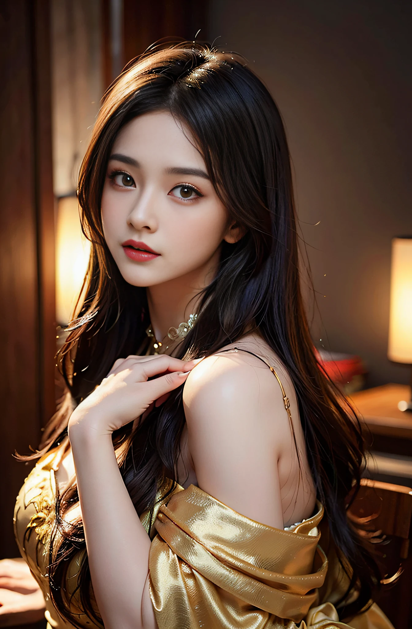 tmasterpiece， （Positive focus）， Beautiful female， Fantasyart， hentail realism， 动态照明， art  stations， poster for， Volumetriclighting， Highly detailed face， Golden and feminine eyes， shiny pupils， 4K， Award-Awarded， 1 rapariga， Half-body shooting， （official outfit： 1.4，Gold lace gown）， the night，glowworm