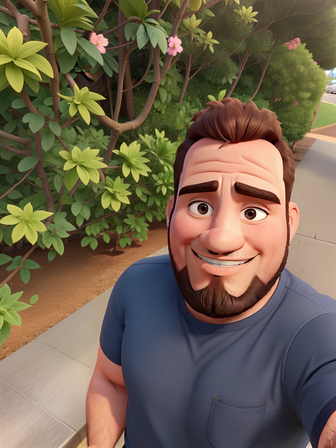 homem de 35 anos 90kg camisa preta barba castanha sorrindo tirando selfe
