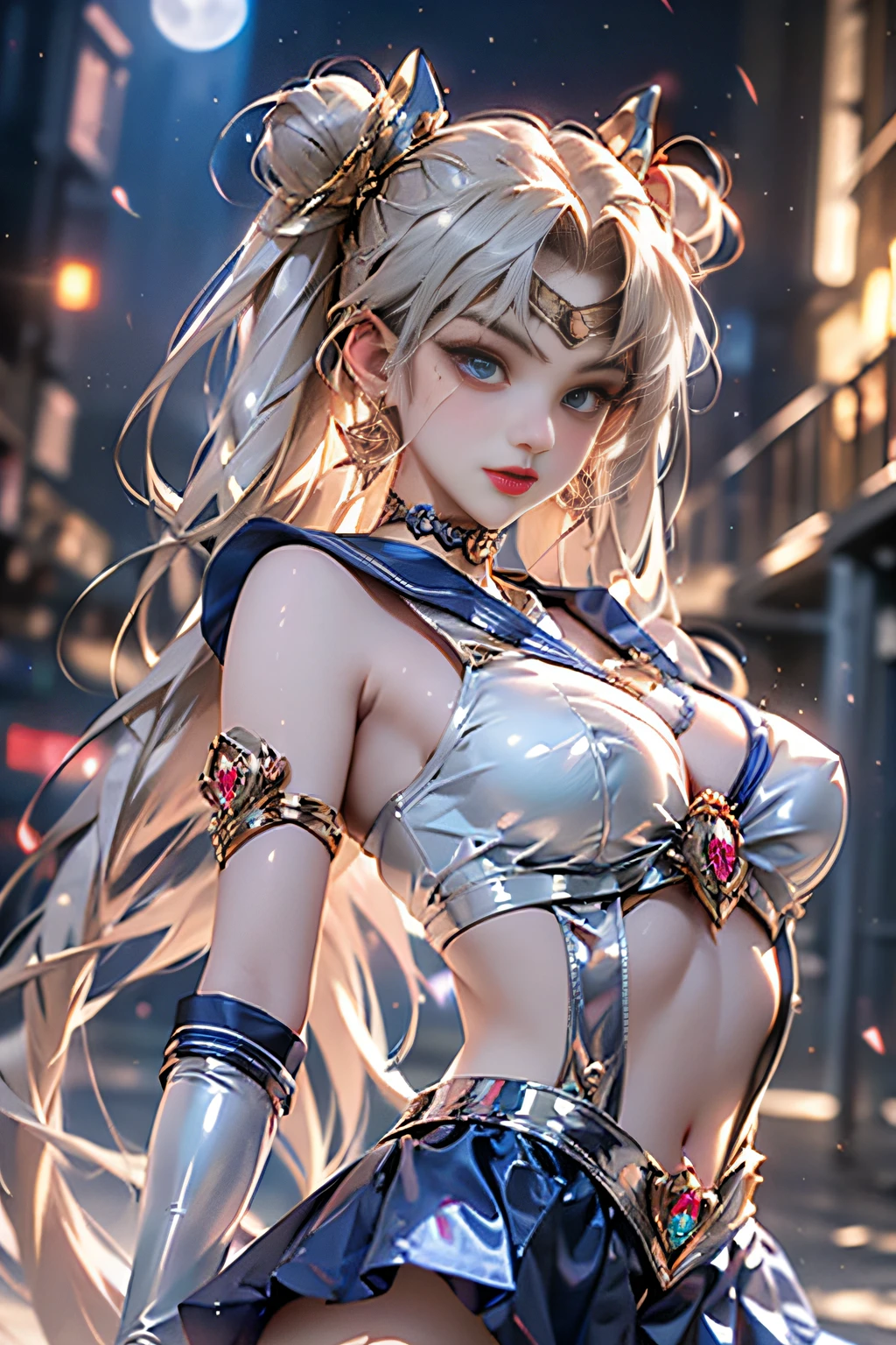 masutepiece, full: 1.3, to stand, 8K, 。.3D, Realistic, Ultra Micro Photography, of the highest quality, Wallpapers with extreme details CG Unity 8K, From below, Intricate details, (NSFW:1.2),(1 female), 28 years old, (meishaonv,Sailor Moon,tiarra, Sailor Senshi Uniform Sailor: 1.2, Sailor Moon: 1.2), Incredibly long bright twin-tailed blonde, Thin and very long straight twin tail blonde, Hair bun, Red round hair ornament in a hair bun, Sailor Senshi Uniform, Colossal tits, (Silver-blue color, blue sailor collar, Silver-blue pre-gate ultra mini skirt: 1.3,Pants are visible,Super High Leg Swimsuit, very large red bow on the chest,,,: 1.3, Long white latex gloves: 1.3, Red gloves on the elbows, very large red bow behind the waist,,: 1.1, cleavage looks bigger:1.2, a golden tiara, earrings), (Face Details: 1.5, Bright blue eyes, Beautiful face, Beautiful eyes, shiny eyes, thin lips: 1.5, thin and sharp pale eyebrows, long dark eyelashes, Double eyelashes), Luxurious Golden Jewelry, Thin, thin and muscular,,,, a small face, Perfect proportions, thin waist, SEXY Model Pose, Visible Pore, Seductive smile, Perfect hands: 1.5, Very thin and fitting high gloss silver-white holographic leather, Octane Rendering, highly dramatic picture, Strong natural light, Sunlight, exquisite lighting and shadow, Dynamic Angle, Digital SLR, Sharp Focus: 1.0, Maximum clarity and sharpness, (Space background,Moon, dynamic background, Detailed background),(Rabbit, Double bun, Twin-tailed, Parted bangs, circlet, Jewelry, earrings, Choker, Red bow, White Gloves, elbow groves, Blue skirt
),nffsw