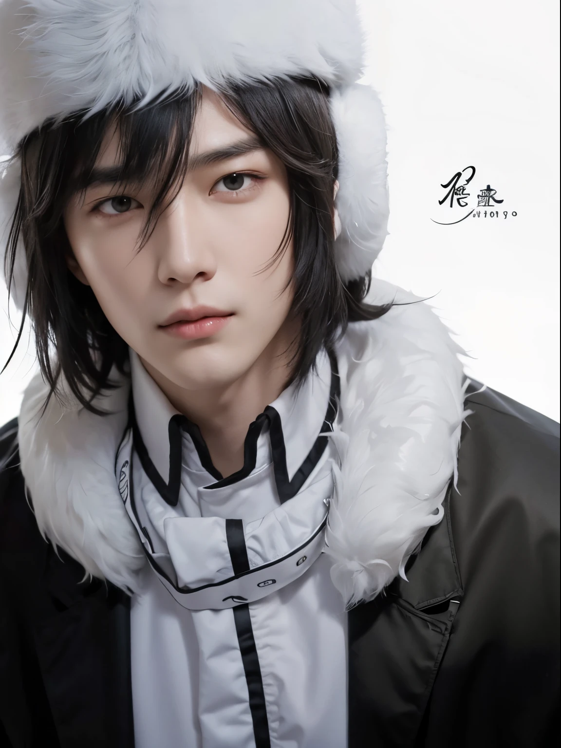 A man with realistic shoulder length black hair, the exact same hairstyle, a realistic white soft fur hat, a realistic Chinese handsome face, realistic cool expressions, adapt Exactly the same clothes, realistic light, realistic shadows, realistic background, realistic evil expressions,The hat is exactly the same