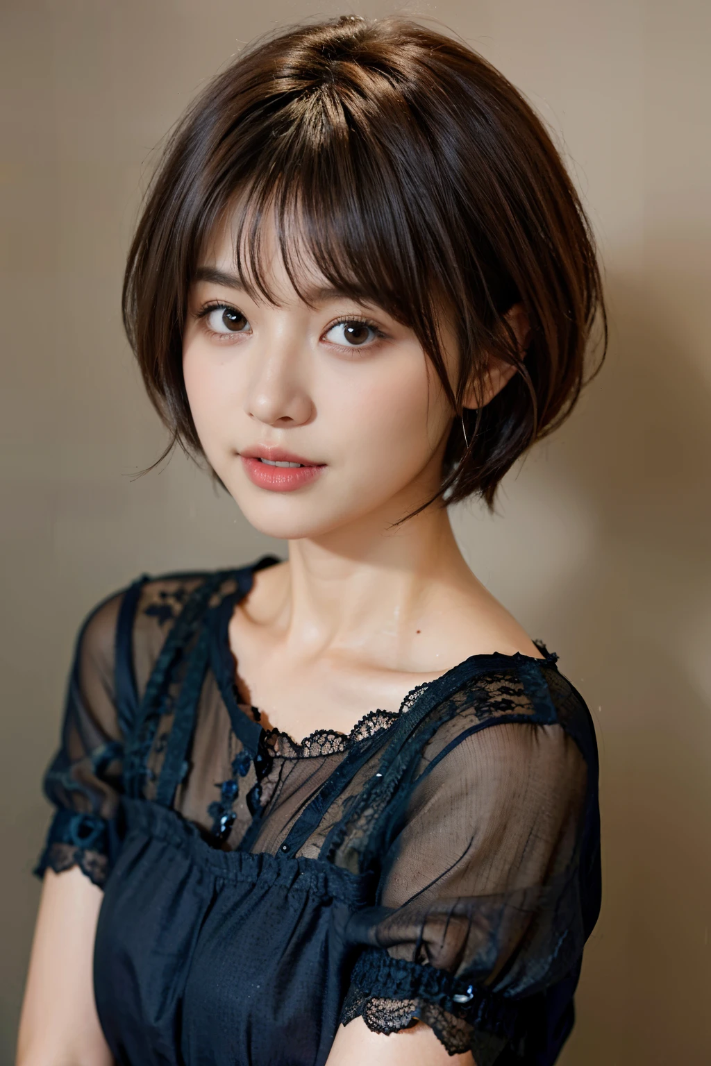 Woman in her early 30s、dark brown hair、short-hair、simple background