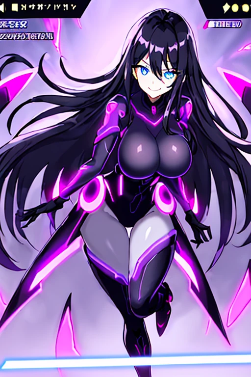 1girl, black hair, large breasts, breasts, thick thighs, wide hips, blue eyes, bodysuit, black bodysuit, long hair, light smile, happy, science-fiction, tech, futuristic, thighhighs, purple clothes, machinery, neon trim, anime style, 2d, anime screencap, purple neon trim, standing on one leg