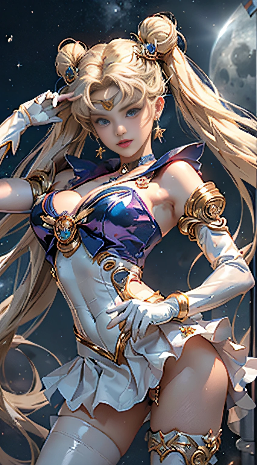 ​masterpiece、ful:1.3、stands、8K、。.3D、realisitic、Ultra Micro Photography、top-quality、Wallpapers with extreme details CG Unity 8K、frombelow、intricate detailes、(1 female)、28 year old、(Sailor Moon:1.6 Super Bishoujo Senshi Sailor Moon Mer1、meishaonv,tiarra、Sailor Senshi Uniform Sailor:1.5、sailormoon:1.5,Eternal Sailor Moon)、(Incredibly long bright twin-tailed blonde:1.4、Thin and very long straight twin tail blonde, Hair buns、Red round hair ornament in a hair bun)、((Sailor Senshi Uniform:1.4、Blue collar,Blue sailor color,Blue Pregate Ultra Mini Skirt:1.5、very large red bow on the chest,,,Long white latex gloves,Red gloves on the elbows、Bare upper arms,Luxurious golden tiara on forehead、耳Nipple Ring,Luxurious Golden Jewelry、high leg swimsuit))、Very thin and fit high gloss white holographic leather、High Gloss White Latex High Leg Swimsuit That Shines Like Oil,(Details of face:1.5、Blue eyes、Beautiful expression、beautidful eyes、Outline of the iris, Eyes with highlights、thin lipss:1.5、thin and sharp pale eyebrows,、long eyeslashes、Double eyelashes、Thin, thin and muscular,,,,、a small face、tall and large chest、perfectly proportions、big breasts thin waist、SEXY Model Pose、Dynamic Poses,Visible Pore、seducting smile、perfect hand:1.5、octan render、highly dramatic picture、(Lunar divinity,cosmic background、rays of moonlight、a moon、Dynamic backgrounds、exquisite lighting and shadow、dynamic ungle、细致背景),Strong natural light、sunlights、Digital SLR、foco nítido: 1.0、Maximum clarity and sharpness、mecha musume,(Rabbit, Double bun, Twin-tailed, Parted bangs, circlet, Jewelry, earrings, Choker, Red bow, White Gloves, elbow groves, Blue skirt,(Rabbit, Double bun, Twin-tailed, Parted bangs, Hair Ornament, circlet, Jewelry, earrings, Choker, See-through, Red bow, White Gloves, elbow groves, multicolored skirt)
)