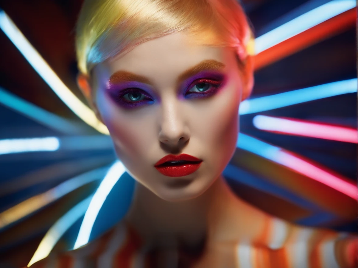 diana frost beauty, in the style of neon-lit pop art, stripes and shapes, Norinobu Shinoyama, play with light and shadow, Excessiveness, Surreal details, surrealist style image