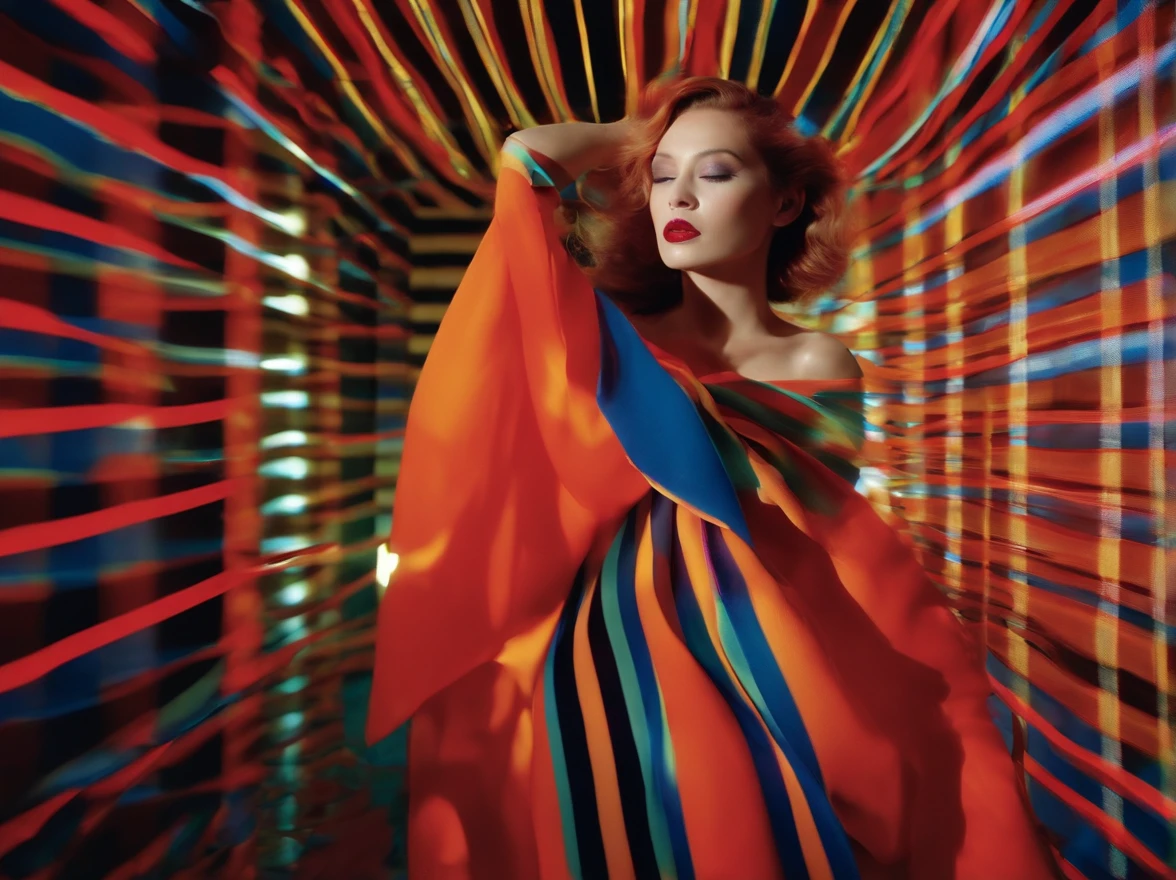 diana frost beauty, in the style of neon-lit pop art, stripes and shapes, Norinobu Shinoyama, play with light and shadow, Excessiveness, Surreal details, surrealist style image