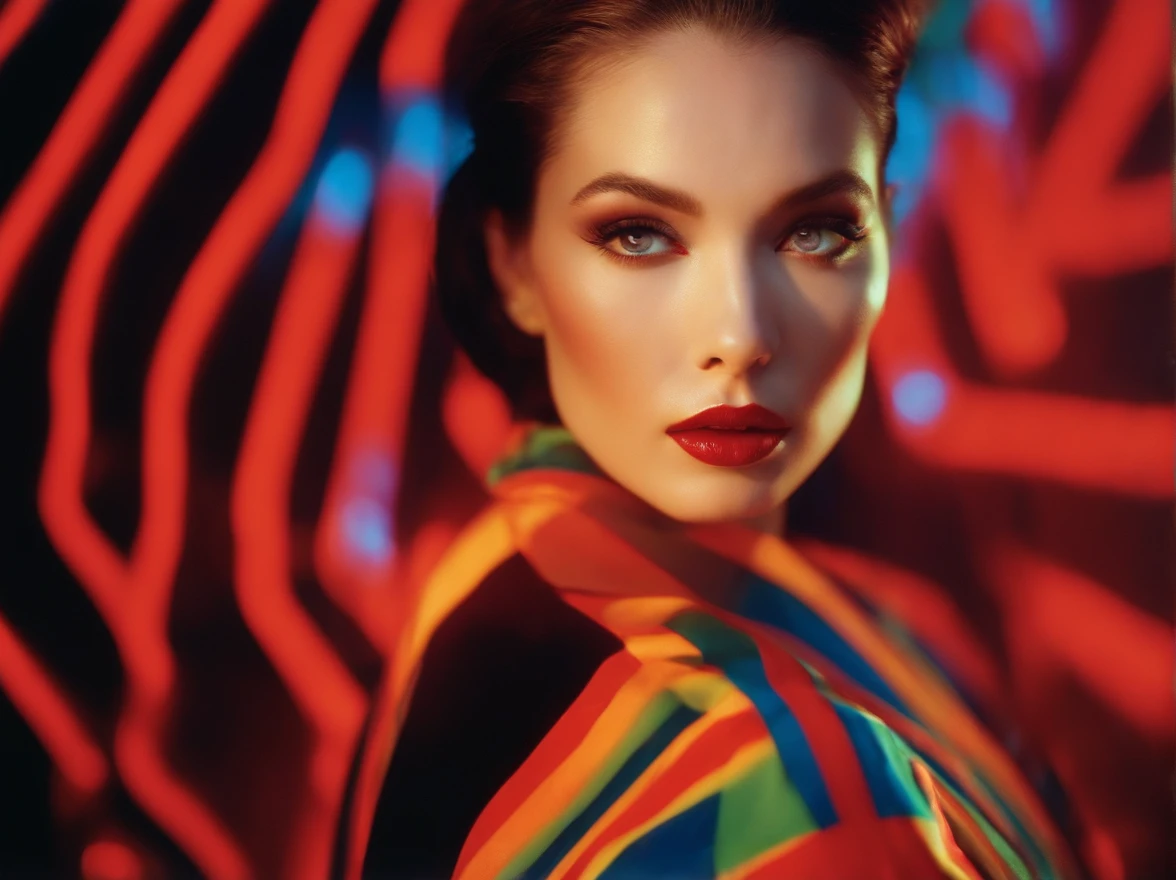 diana frost beauty, in the style of neon-lit pop art, stripes and shapes, Norinobu Shinoyama, play with light and shadow, Excessiveness, Surreal details, surrealist style image