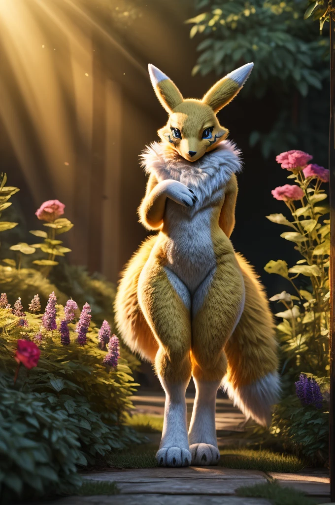 A fat Renamon, a humanoid fox digimon, stands alone in the scene. The main focus is on the detailed portrayal of this character. The Renamon has soft fur, which is shown in exquisite detail, highlighting its playful and vibrant facial expression and its charming, mischievous eyes. The fur has a warm, rich color, giving it a cozy and inviting appearance.

The artist creates a digital rendering of the Renamon using high-resolution techniques for the best quality image (best quality, 4k, 8k, highres, masterpiece:1.2). The artist pays extra attention to the ultra-detailed features and uses photorealistic rendering methods (realistic, photorealistic, photo-realistic:1.37) to bring the character to life.

The scene is set in a beautiful garden with lush greenery and vibrant flowers (landscape). The warm sunlight casts a soft glow over the environment, creating a peaceful and serene atmosphere. The garden serves as a perfect backdrop, enhancing the charm and personality of the Renamon.

In terms of art style, the artist combines elements of concept art and anime, blending the detailed rendering techniques of concept artists with the expressive and whimsical nature of anime. This fusion adds depth and intrigue to the image.

The color palette used in the artwork is vivid and vibrant, with warm and earthy tones dominating the scene. The colors are carefully chosen to enhance the overall atmosphere and mood, creating a visually pleasing composition.

To capture the essence of the character, the artist emphasizes the Renamon's unique features. The character has a plump and cuddly appearance, with soft rolls of fat that give it a cute and huggable quality. This characteristic adds to the charm and appeal of the Renamon, making it stand out in the scene.

Overall, this prompt aims to generate a high-quality image of a solo male fat Renamon in a garden setting. The prompt includes various elements such as the character's appearance, the art style, the color palette, and the lighting. The detailed description of the character and the environment helps guide Stable Diffusion in generating a visually stunning and artistically pleasing image.