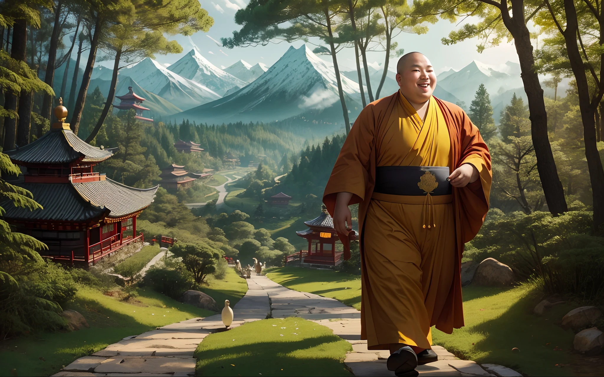 Maitreya Buddha, obesity fat monk, smiling, heavenly aura, happiness Chinese Tang Dynasty monk, walking through the forest, many animals showing respect, side view, mountain view, birds and dragons flying around
