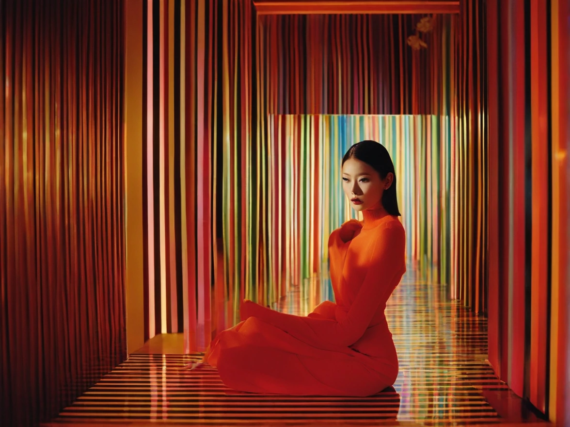 diana frost beauty, in the style of neon-lit pop art, stripes and shapes, Norinobu Shinoyama, play with light and shadow, Excessiveness, Surreal details, surrealist style image、asian human