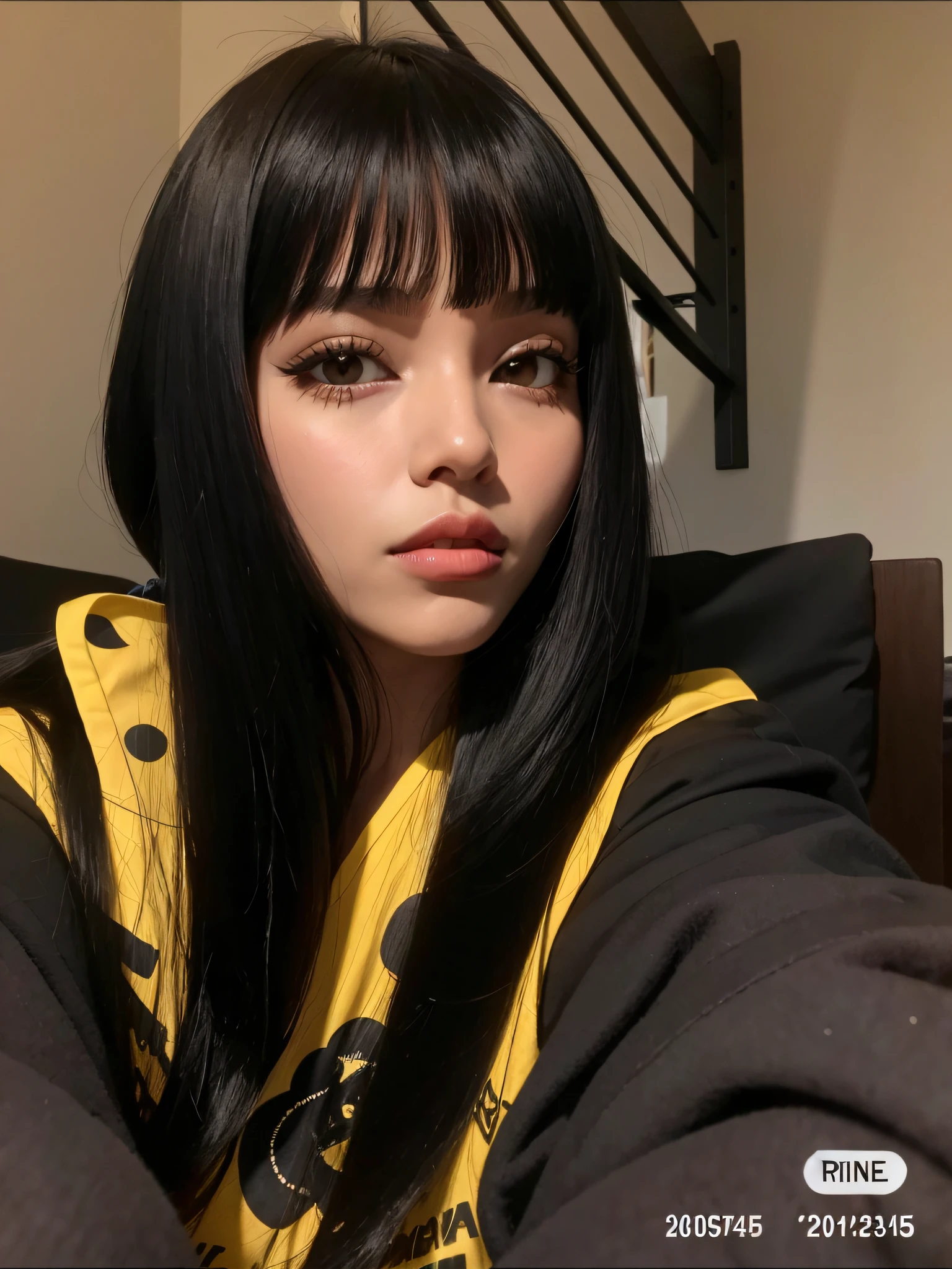 mulher arafed com cabelo preto longo e uma jaqueta amarela, Ela tem cabelo preto com franja, com franja completa, Lalisa Manobal, com franja, franja reta, O corte Hime, cabelo arrumado com franja, Franja reta longa, cabelo comprido com franja completa, linda Delphine, cabelo preto longo com franja, preto hime corte cabelo, franja preta