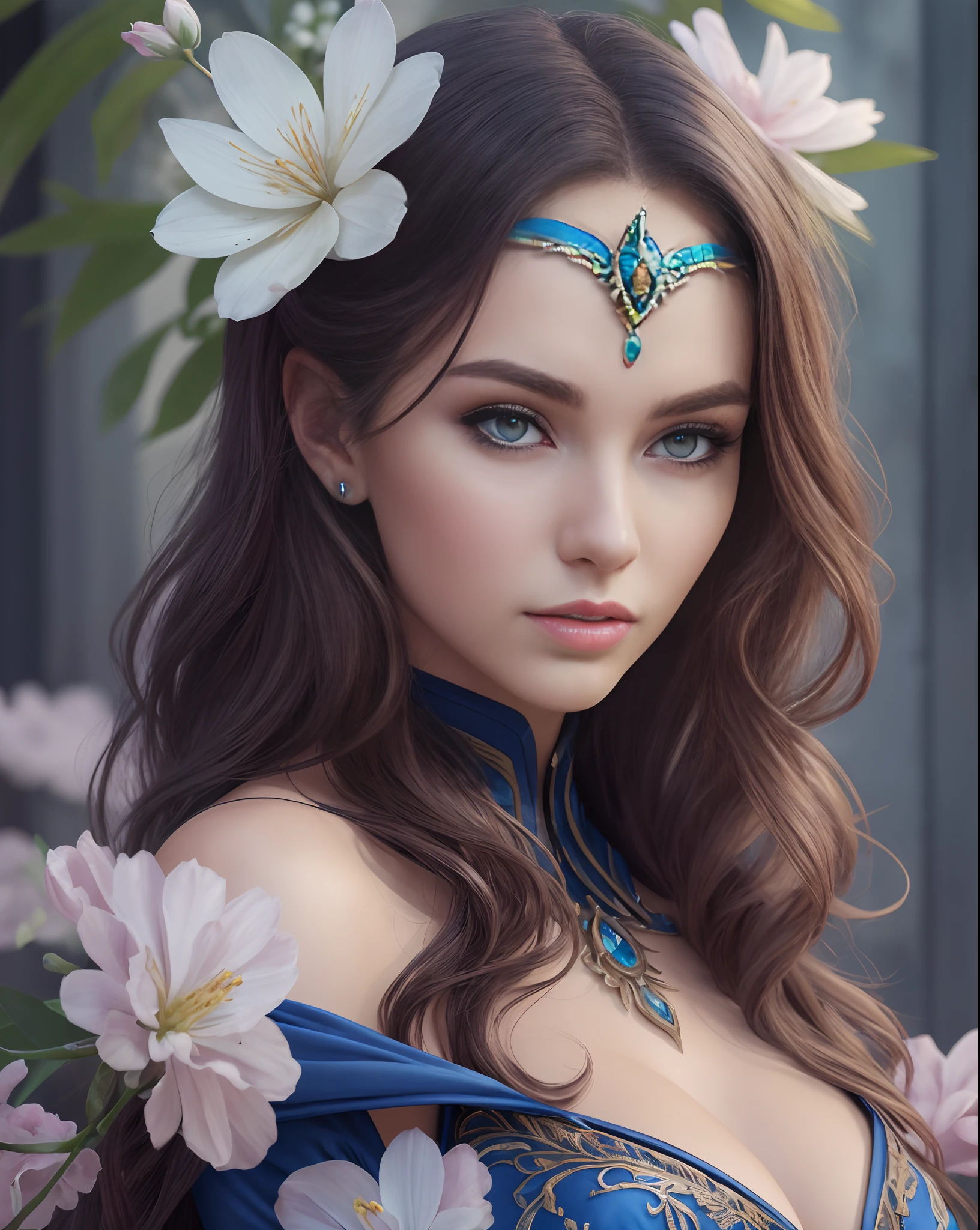 ((Waist Up Shot)) Professional Photo of 20 yo European Look gorgeous female [Gal Gadot : Maude Adams : 0.4] donning casual modest gown with long sleeves walks at the breath-taking surreal meadows scene with full of beautiful and vibrant exotic flowers, blue sky with cotton like white clouds, detailed face, detailed hair, sharp focus, OverallDetail Portrait photo, by WLOP and Thomas Ruppel, masterpiece, stunning, fantasy, hyper detailed, 8k character --auto --s2