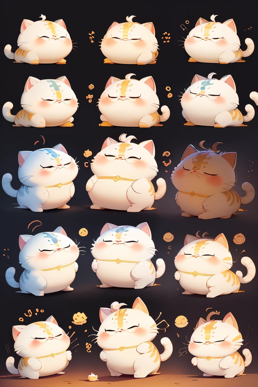 Chubby white cute kitten,Wearing Tang Dynasty Confucian clothes、Dispose、anthropomorphic styles、Disney style、Black strokes、differentemotions、rejoice、Angry、Depressed、Lazy、Nudy、Greedy、Ingots、Facial expression refinement、White background and emoticons、8K