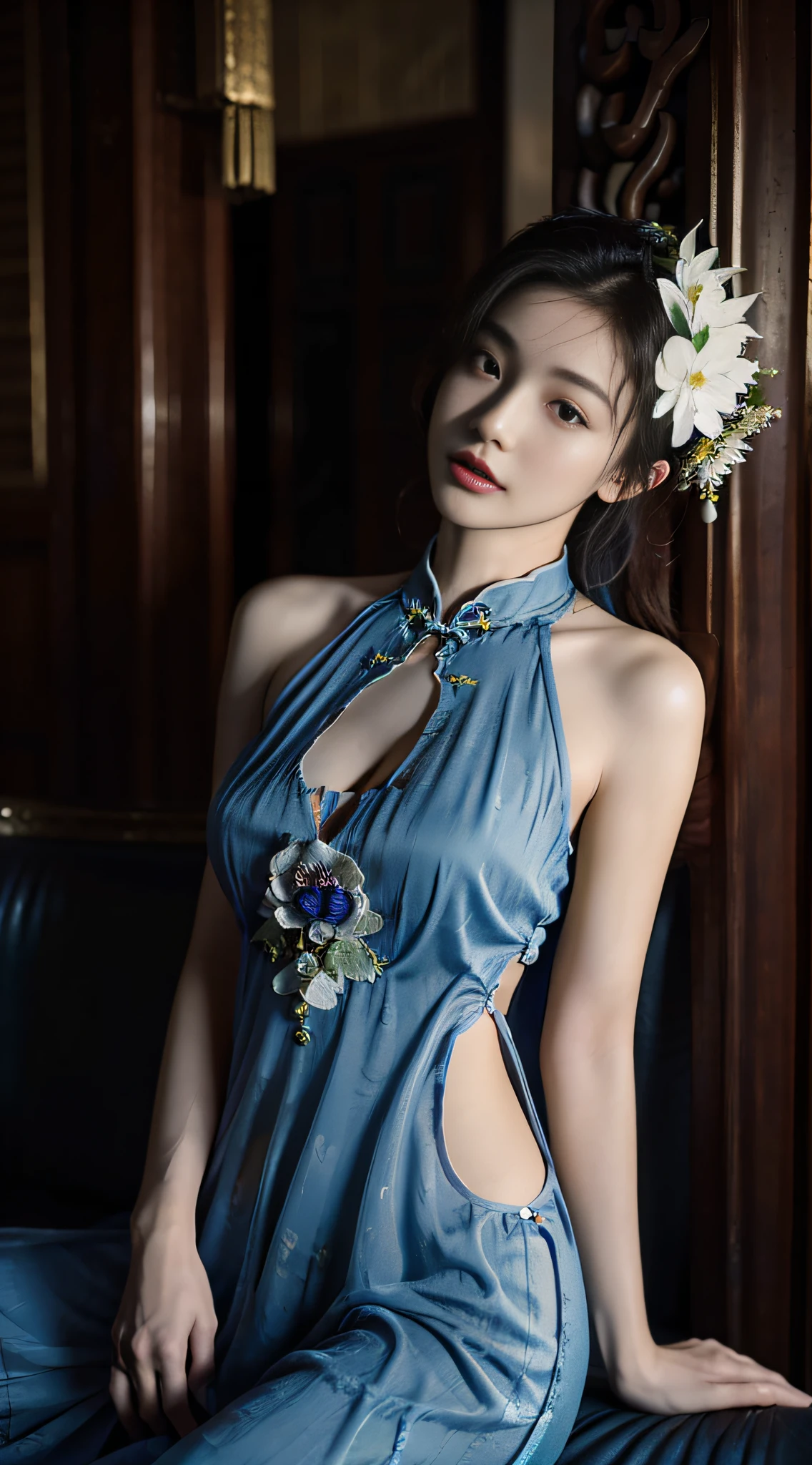 primitive,tmasterpiece,ultra fine photos,Best quality,超高分辨率,Photo Reality,rays of sunshine,full-body portraits,Amazingly beautiful,,dynamicposes,delicated face,vibrant eyes,(seen from the side),((Exquisite_blue colors_On the cheongsam)),On the cheongsam,cropped shoulders,Exquisite head flower,sitting on a leather sofa,very highly detailed background,Detailed faces,Detailed and complex busy background,untidy,Rich cleavage,Milky white W,highlydetailed skin,Authentic skin details,Visible Pore,lock focus,volume fog,8k ultra high definition,digital SLR camera,high high quality,filmgrain,Fair skin,photo-realism,DL,A metropolis in a dystopia of the future , Look from the bottom up, semi transparent