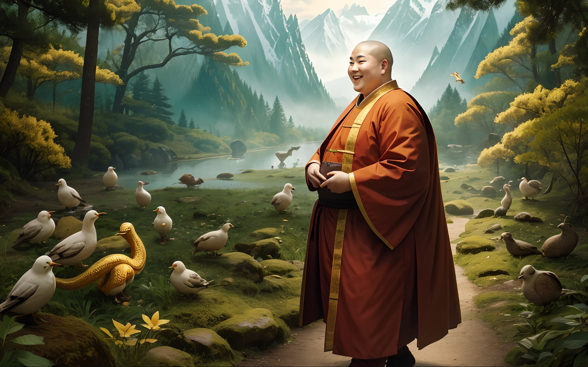 Maitreya Buddha, obesity fat monk, smiling, heavenly aura, happiness Chinese Tang Dynasty monk, walking through the forest, many animals showing respect, side view, mountain view, birds and dragons flying around