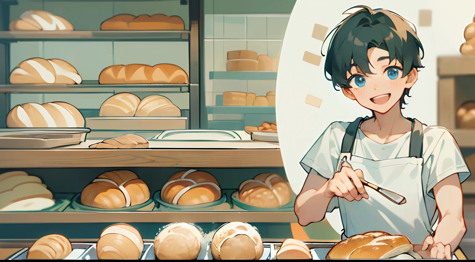 masterpiece、hightquality、20 year old man with short black hair and blue eyes、Like a cartoon in Japan、wearing white t-shirts、Wearing an apron、(Alone:1.5)、(Gently smiling expression:1.1)、(Close-up of your face:1.3)、(Only the upper body is shown.:1.3)、Making bread、Bakery in the background、Bold composition、