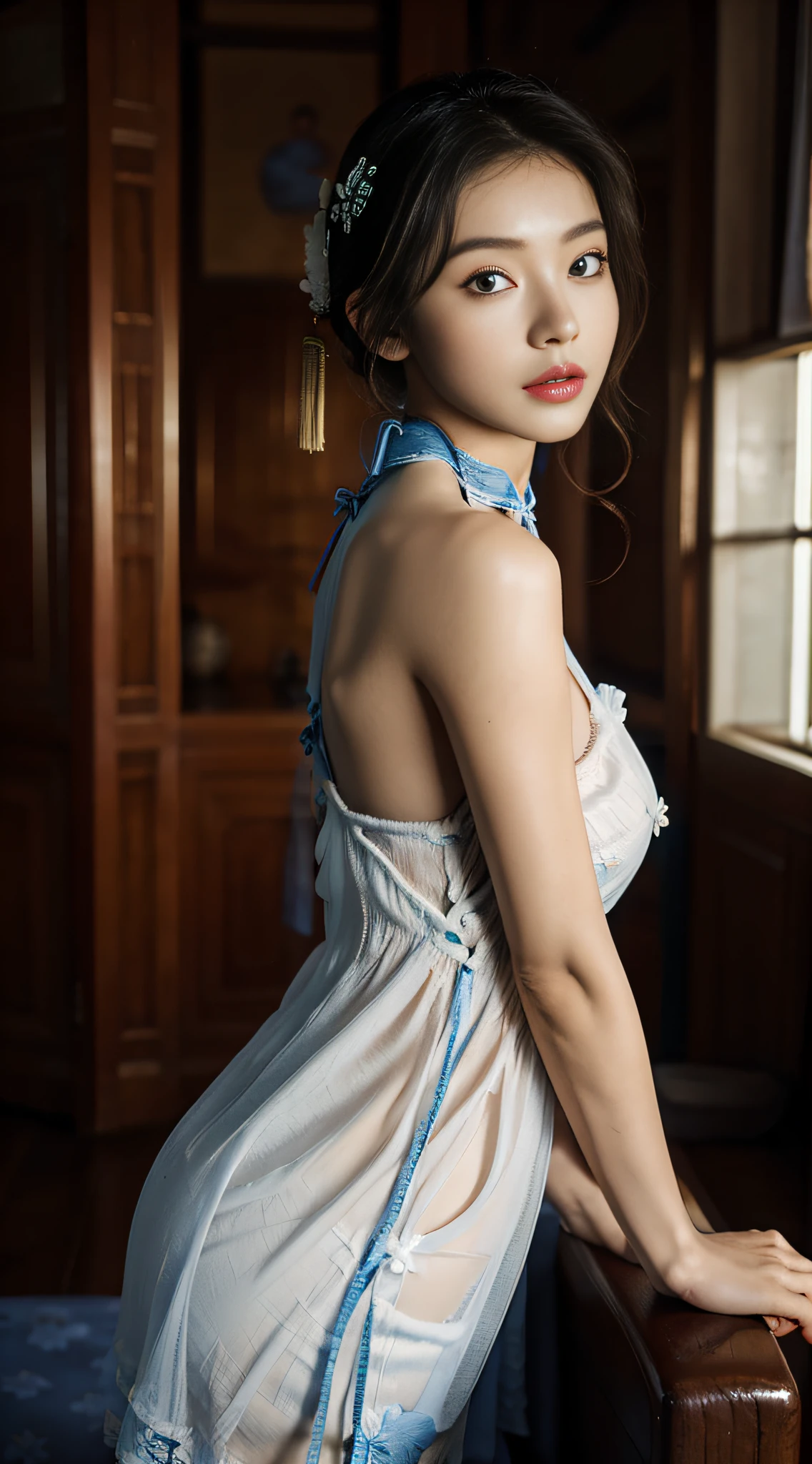primitive,tmasterpiece,ultra fine photos,Best quality,超高分辨率,Photo Reality,rays of sunshine,full-body portraits,Amazingly beautiful,,dynamicposes,delicated face,vibrant eyes,(seen from the side),((Exquisite_blue colors_On the cheongsam)),On the cheongsam,cropped shoulders,Exquisite head flower,sitting on a leather sofa,very highly detailed background,Detailed faces,Detailed and complex busy background,untidy,Rich cleavage,Milky white W,highlydetailed skin,Authentic skin details,Visible Pore,lock focus,volume fog,8k ultra high definition,digital SLR camera,high high quality,filmgrain,Fair skin,photo-realism,DL,A metropolis in a dystopia of the future , Look from the bottom up, semi transparent