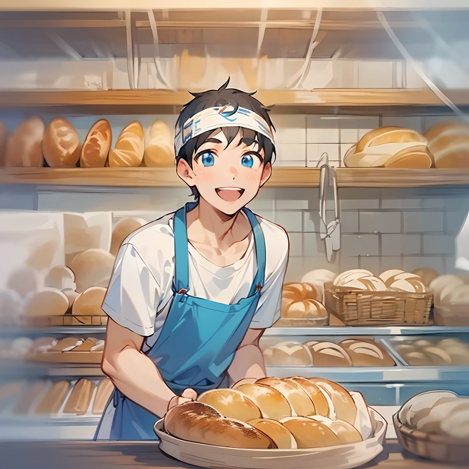​masterpiece、hightquality、25 year old man with short black hair and blue eyes、Like a cartoon in Japan、wearing white t-shirts、Wearing an apron、(Alone:1.5)、(Gently smiling expression:1.1)、(Close-up of your face:1.3)、(Only the upper body is shown.:1.3)、Making bread、Bakery in the background、Bold composition、