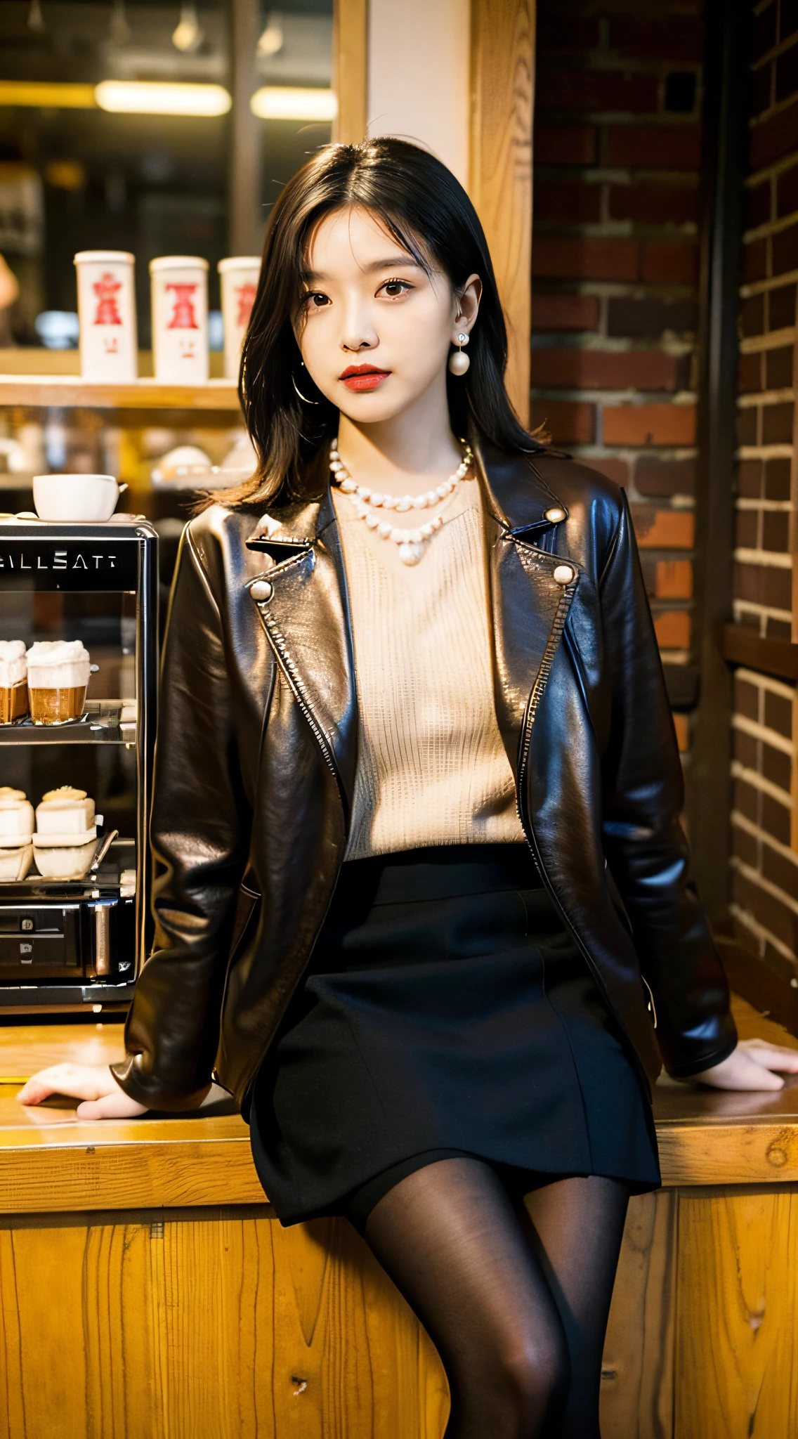 Best quality at best,tmasterpiece,超高分辨率,(realness:1.4),RAW photogr,Cinematic texture,1beatiful girl,Brown leather jacket，Black sweater underneath，Brown short skirt underneath，black lence stockings，Booties，Black shoulder-length straight hair，pearls necklace，Pearl earrings，Outdoors，Street coffee shop，fashionable girl
