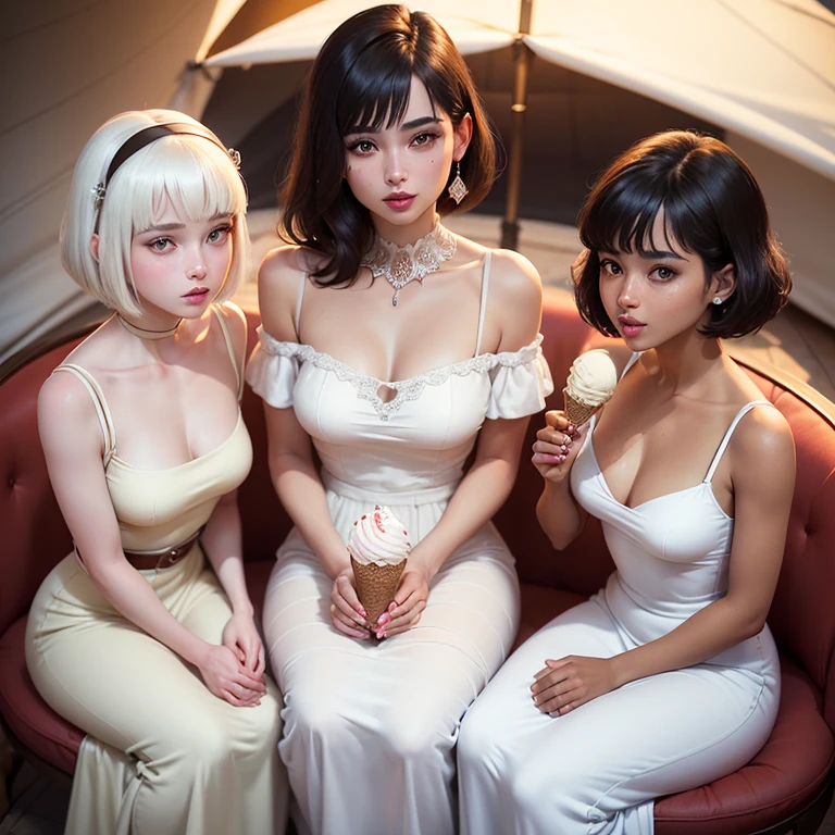 (masterpiece, top quality, best quality, official art, beautiful and aesthetic, super detailed, high resolution,8k uhd, (fidelity, fidelity: 1.5)), (3girls), (majestic sultan's tent, group of young women eating ice cream: European white, Asian, light-skinned Latina. Short hair, bob haircut, bangs, seated, big round table, round ice cream, basic simple dress, white dress, summer dress, long dress, innocent look, hands together on top of each other, small breast, small simple rings:1.4)). Arab night, glowing stars, milky way, crescent moon, yellow light, city, artificial lights, blue, red, yellow, white. Women, alluring, smiling, beauty, 20 years old, models, long hair, short hair, red_lips, brown_eyes, laughing and talking, photo-realistic, best quality, hires, detailed face (1.1), glowing skins, dim light.