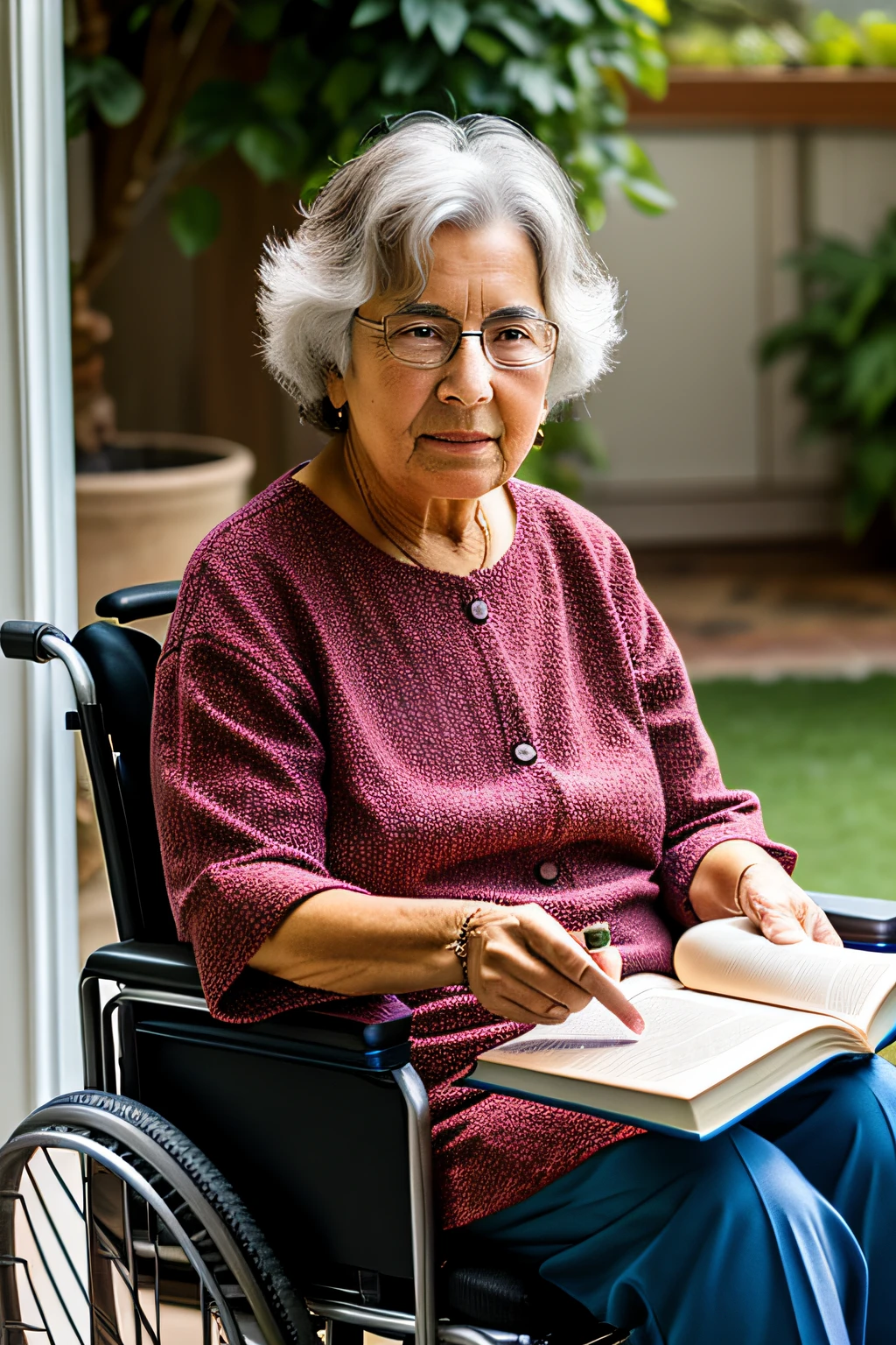 a grandmother in a wheelchair, holding a book, with one raised finger