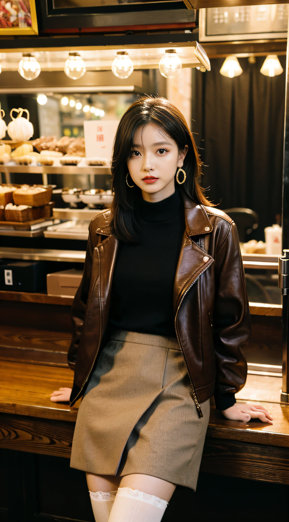 Burgundy leather coat,French dress,Lemon juice in hand,Lemons on the table