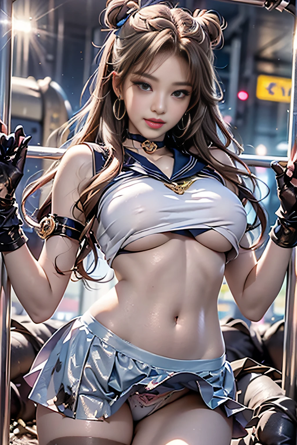 masutepiece, full: 1.3, to stand, 8K, 。.。.。.。.3D, Realistic, Ultra Micro Photography, of the highest quality, Extreme detail boobs boobs CG Unity 8K wallpaper, From below, Intricate details, (NSFW:1.2),(1 female), 28 years old, (meishaonv,Sailor Moon,tiarra, Sailor Senshi Uniform Sailor: 1.2, Sailor Moon: 1.2), Incredibly long bright twin-tailed blonde, Thin and very long straight twin tail blonde, Hair bun, Red round hair ornament in a hair bun, Sailor Senshi Uniform, Colossal tits, (Silver-blue color, blue sailor collar, Silver-blue ultra mini skirt in front of the gate: 1.3,Pants are visible,Super High Leg Swimsuit,  very large red bow on the chest,,,,,,: 1.3, Long white latex gloves: 1.3, Red gloves on the elbows, very large red bow behind the waist,,,,,: 1.1, cleavage looks bigger:1.2, a golden tiara, earrings), (Face Details: 1.5, Bright blue eyes, Beautiful face, Beautiful eyes, shiny eyes, thin lips: 1.5, thin and sharp pale eyebrows, long dark eyelashes, Double eyelashes), Luxurious Golden Jewelry, Thin, thin and muscular,,,,,,, a small face, Perfect proportions, thin waist, SEXY Model Pose, Visible Pore, Seductive smile, Perfect hands: 1.5, Very thin and fitting high gloss silver-white holographic leather, Octane Rendering, highly dramatic picture, Strong natural light, Sunlight, exquisite lighting and shadow, Dynamic Angle, Digital SLR, Sharp Focus: 1.0, Maximum clarity and sharpness, (Space background,Moon, dynamic background, Detailed background),(Rabbit, Double bun, Twin-tailed, Parted bangs, circlet, Jewelry, earrings, Choker, Red bow, White Gloves, elbow groves, blue skirt collar、a miniskirt、gargantilha、Red bow、orangechoker、white glove、Very long hair、jewely、耳环、 Denim Throws、View from below、((intricate detailes))、They are smiling、、More detailed 8K。Unreal Engine:1.4,nffsw,best qualtiy:1.4, Photorealista:1.4, Skin Texture:1.4, masutepiece:1.8,masutepiece, Better Quality,Object Objects], (detailed facial features:1.3),(Destroyed apocalyptic city:1.4),( jennieBlackpink:1.4)C:1.4), 16K HDR,),sexypose,((Skirt soars)), ((White lace panties:1.2))(8K, RAW Photos, top-quality, masutepiece:1.2), (realisitic, Photorealsitic:1.37), 1 beautiful Japan schoolgirl, perfect bodies, 20 years, Sexy Girl Sailor Suit Costume, Medium Boob, (Light shines on your face and chest)、(((((underboob))))))、Under the breasts、oilly skin、skiny、 (Sexy uniform with a slight view of the underside of the chest)、(Lower milk is visible、Uniform that shows the belly button and ribs)、Super miniskirt that shows your hipbones and lower abdomen、sensual face、provocative smiling、
),nffsw