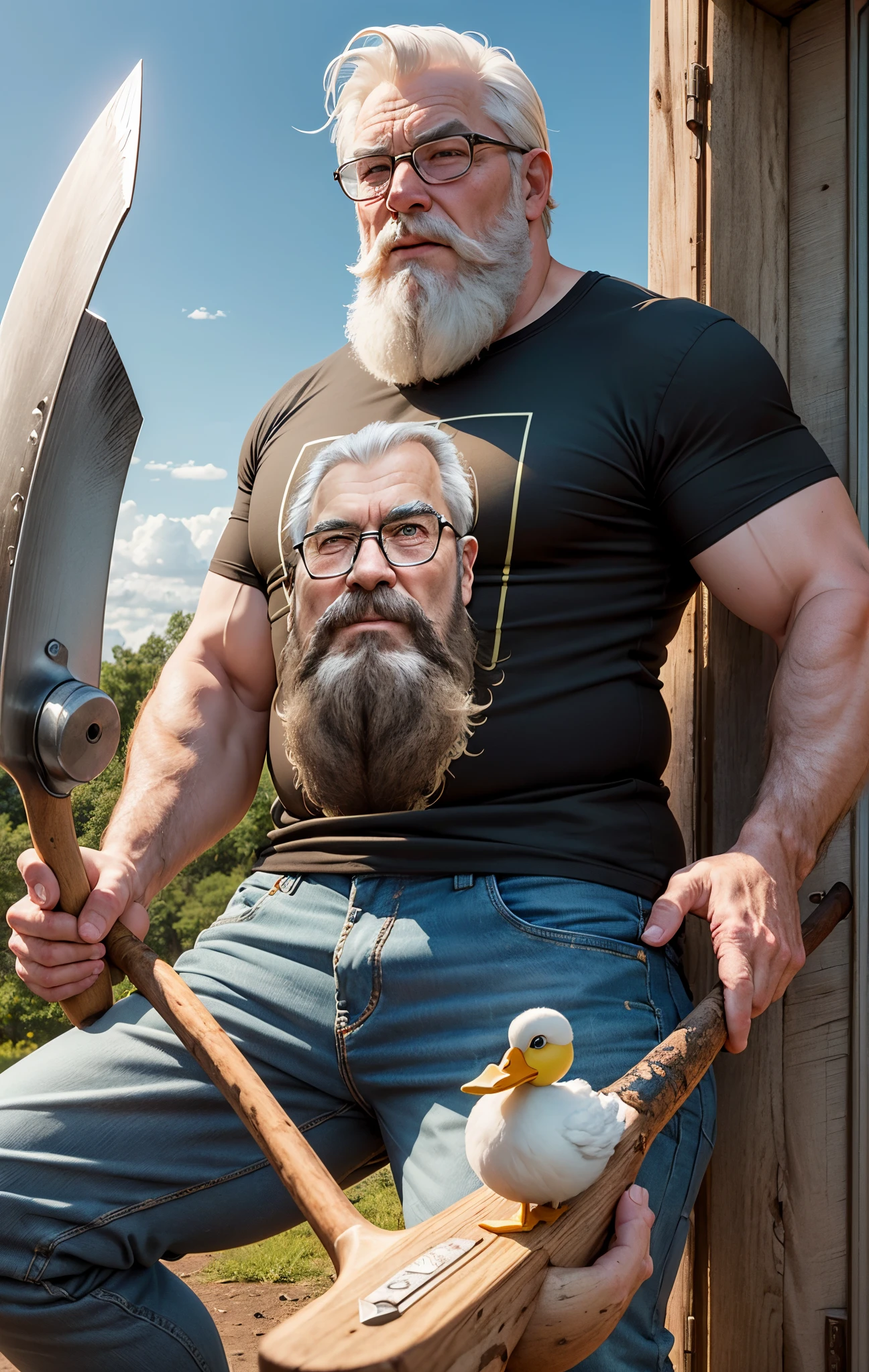 T-shirt cartoon graphic of skinny old hillbilly man with big white beard holding a duck and axe