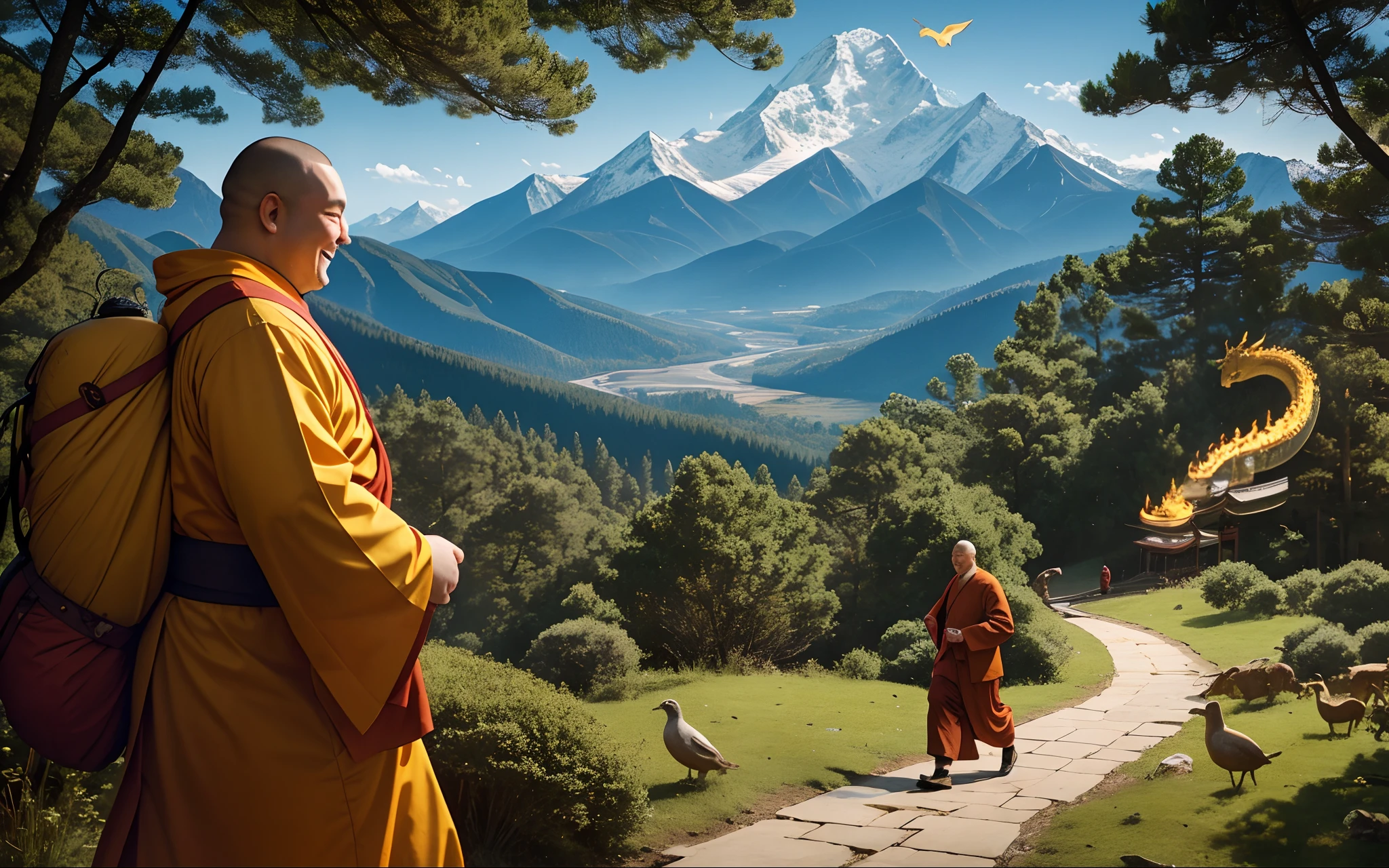 Maitreya Buddha, obesity fat monk, smiling, heavenly aura, happiness Chinese Tang Dynasty monk, walking through the forest, many animals showing respect, side view, mountain view, birds and dragons flying around