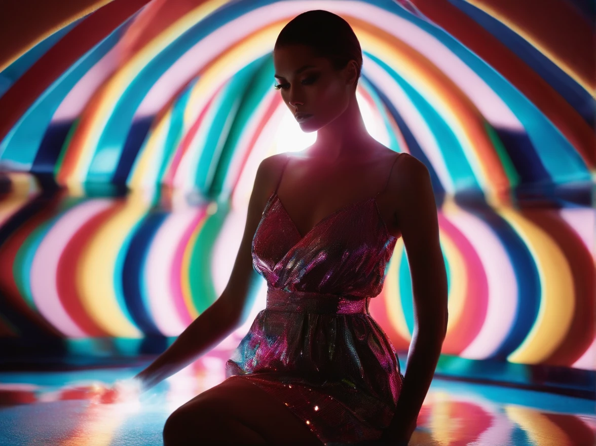 diana frost beauty, in the style of neon-lit pop art, stripes and shapes, Norinobu Shinoyama, play with light and shadow, Excessiveness, Surreal details, surrealist style image、White space