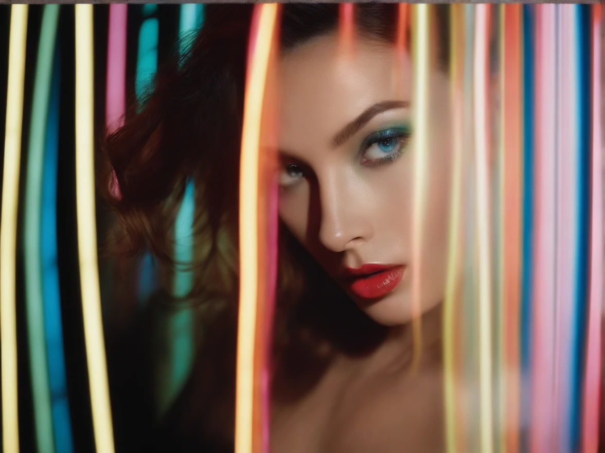 diana frost beauty, in the style of neon-lit pop art, stripes and shapes, Norinobu Shinoyama, play with light and shadow, Excessiveness, Surreal details, surrealist style image、White space