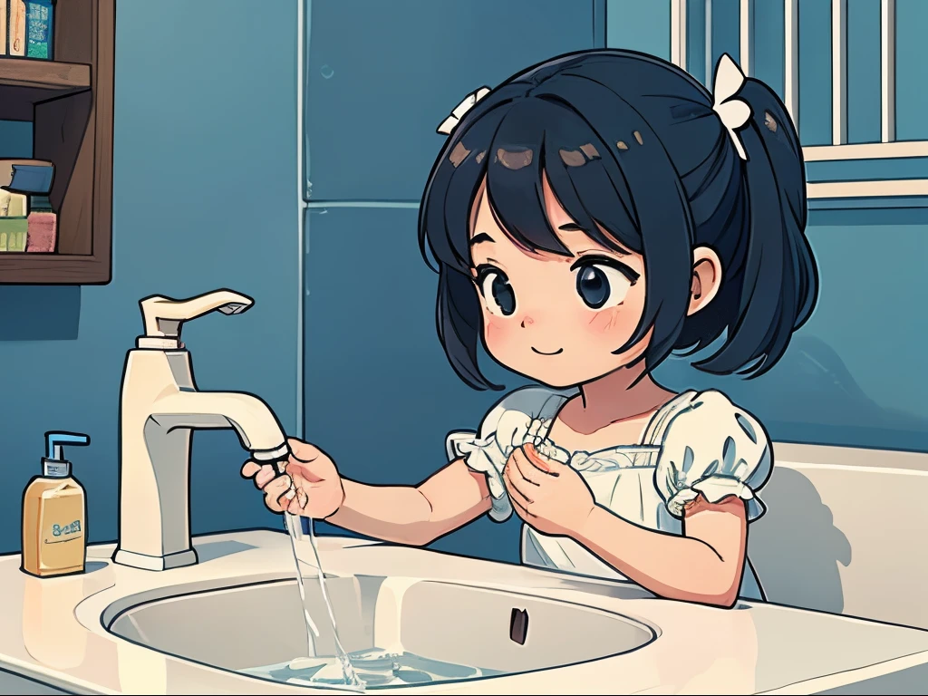 Generate an image of a 10-year-old girl washing her hands with soap in a bust-up composition, portraying it in a simple, storybook-like style. Please avoid intricate details and maintain a light and cheerful atmosphere. Emphasize simplicity, and refrain from overly detailed elements in the illustration.