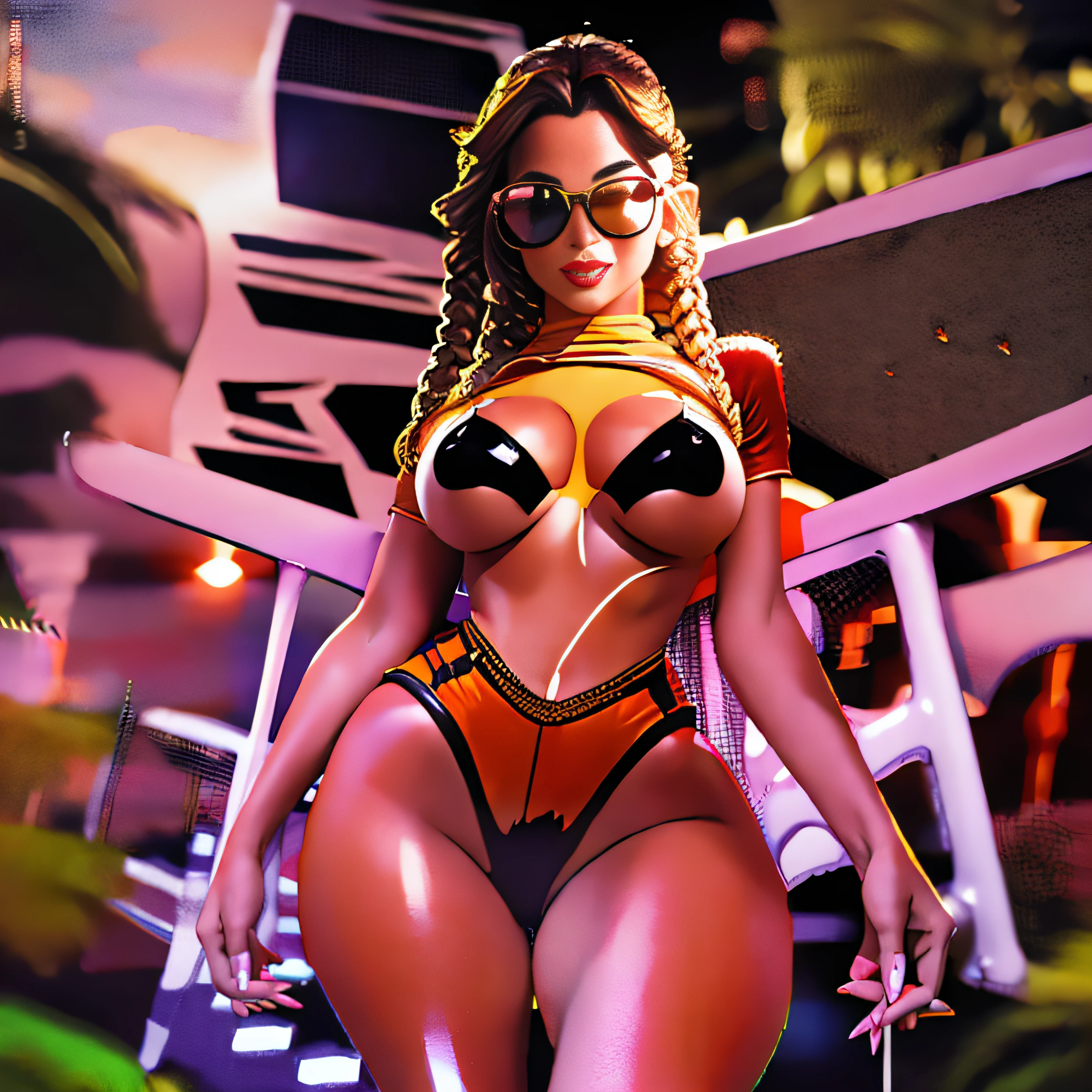 ((best quality)), ((masterpiece)), ((realistic)), (detailed), reflective luminous orange:1.5, texture glossy orange:1.3,
1beautiful young woman with sticky jumpsuit (cameltoe), sexy cotton romper, sexy, top to bottom photo,
lots of glow neon LIGHT TRAILS, exotic glowing mandalas, cinematic, sharp, ray tracing, brightness,
luminosity, big sexy saggy breasts, sexy thighs, sexy legs, sexy hips. great hips, toned body, delicious looking body,
wearing round dark sun glasses, bright purple lipstick on her thick lips, body suit has shorts that ride up to crotch and halfway up butt crack,
ass cheeks hang out seductively from shorts, sexy thick thighs, wearing sport shoes, long braided hair,
thick braids, full body view, body suit fits tight on body,