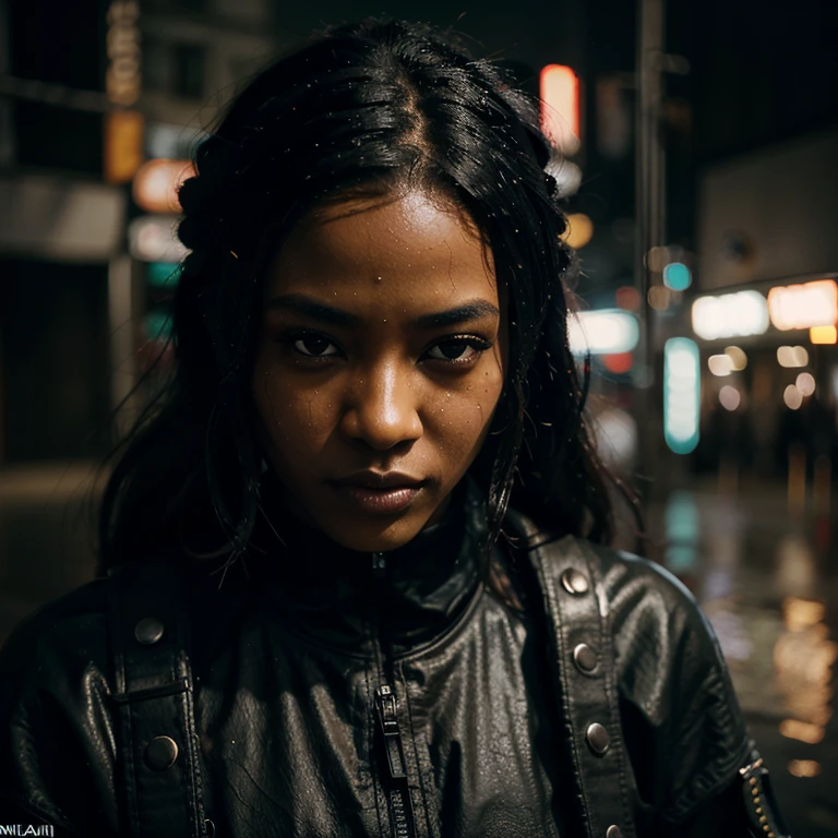 glamour shot of black ebony girl samurai, the Cyberpunk samurai, surrounded by city neon lighting, realistic, realistic, morbide, dark, very detailed, rendered in octane, wet, dense atmospheric, epic, dramatic, empty, creepy, trail cam footage, photorealistic, hyperornate details, photographed by Irakli Nadar and Reylia Slaby, bokeh, particuls, ultra detail