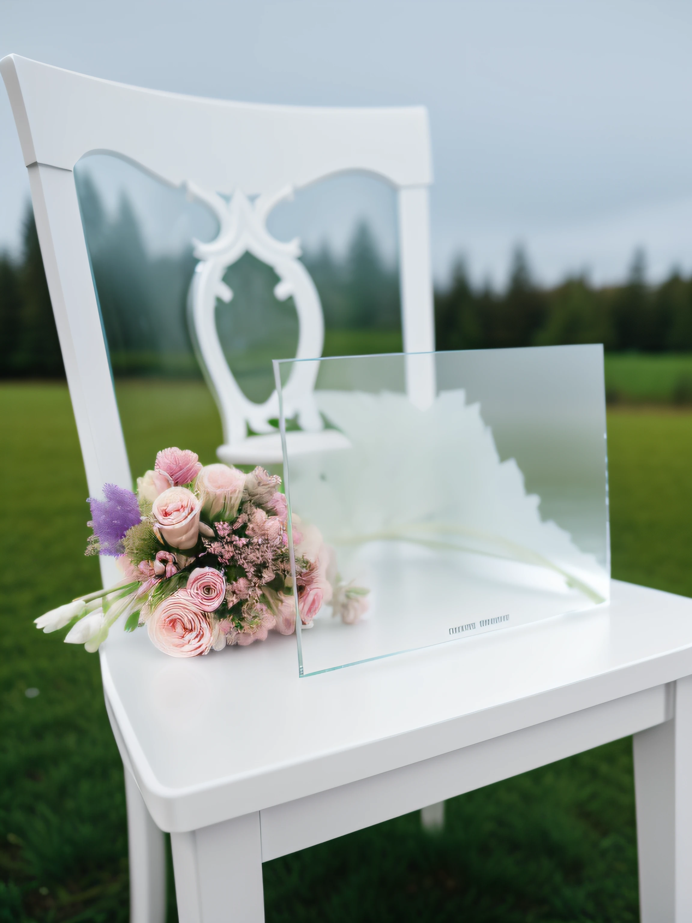 There is a frosted stand on the chair，There is a bouquet of flowers on it, professional product photo, Still photography, Frosted glass, Clear glass, transparent background, The complete theme is shown in the figure, matte board photography, transparent glass surfaces, product photograph, opaque glass, clear detailed view, Scenic backdrop, Polaroid is transparent, Authentic images