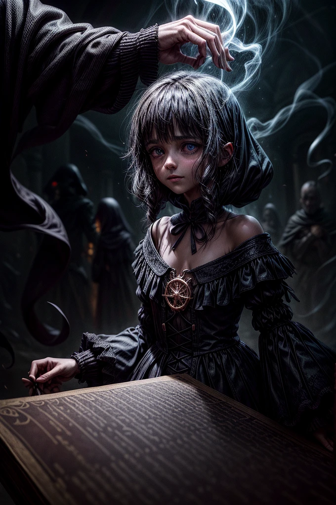 bruxo do mal, Magia negra, Ancient spell book, Swirling smoke, menacing smile, Capa misteriosa, olhos brilhantes, atmosfera estranha, lightnings, castelo imponente, Noite tempestuosa, Equipe torcida, Floresta Encantada, Ominous shadows, Morcegos voando, gargalhadas, Spellcasting, magical potions, covil escondido, Mystical powers, Sinister intentions, Malevolent Aura, haunting presence, magia negra, Runas gravadas, cursed artifacts, Rituais Secretos, energia sobrenatural, Almas corrompidas, Criaturas retorcidas, conhecimento proibido, shrouded in darkness, ethereal glow, sussurros sinistros, planos nefastos, Spectral apparitions, profecia sinistra, Enchanted victims, Wicked Sorcery, supernatural forces