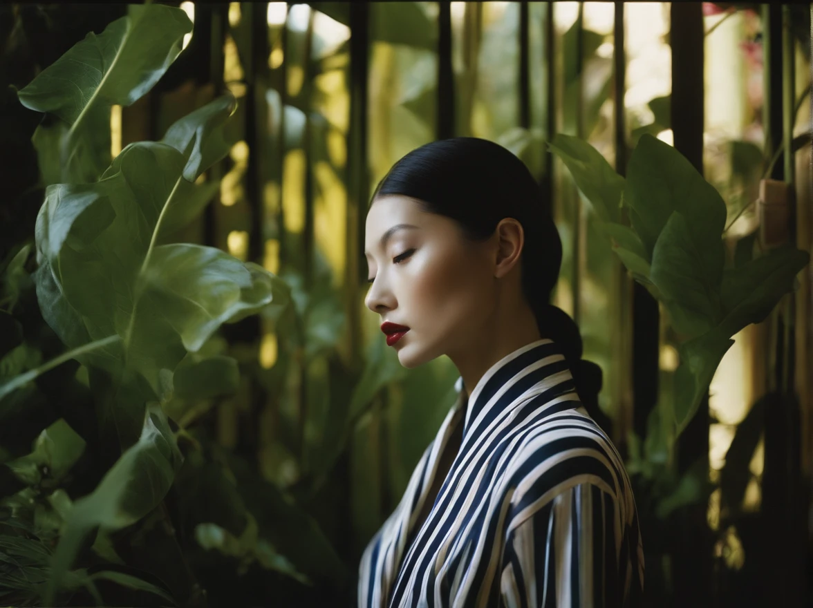diana frost beauty, In an inorganic style surrounded by plants, stripes and shapes, Norinobu Shinoyama, play with light and shadow, Excessiveness, Surreal details, surrealist style image、