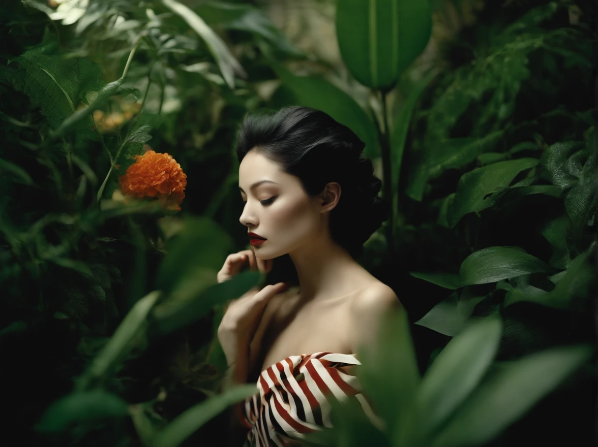 diana frost beauty, In an inorganic style surrounded by plants, stripes and shapes, Norinobu Shinoyama, play with light and shadow, Excessiveness, Surreal details, surrealist style image、