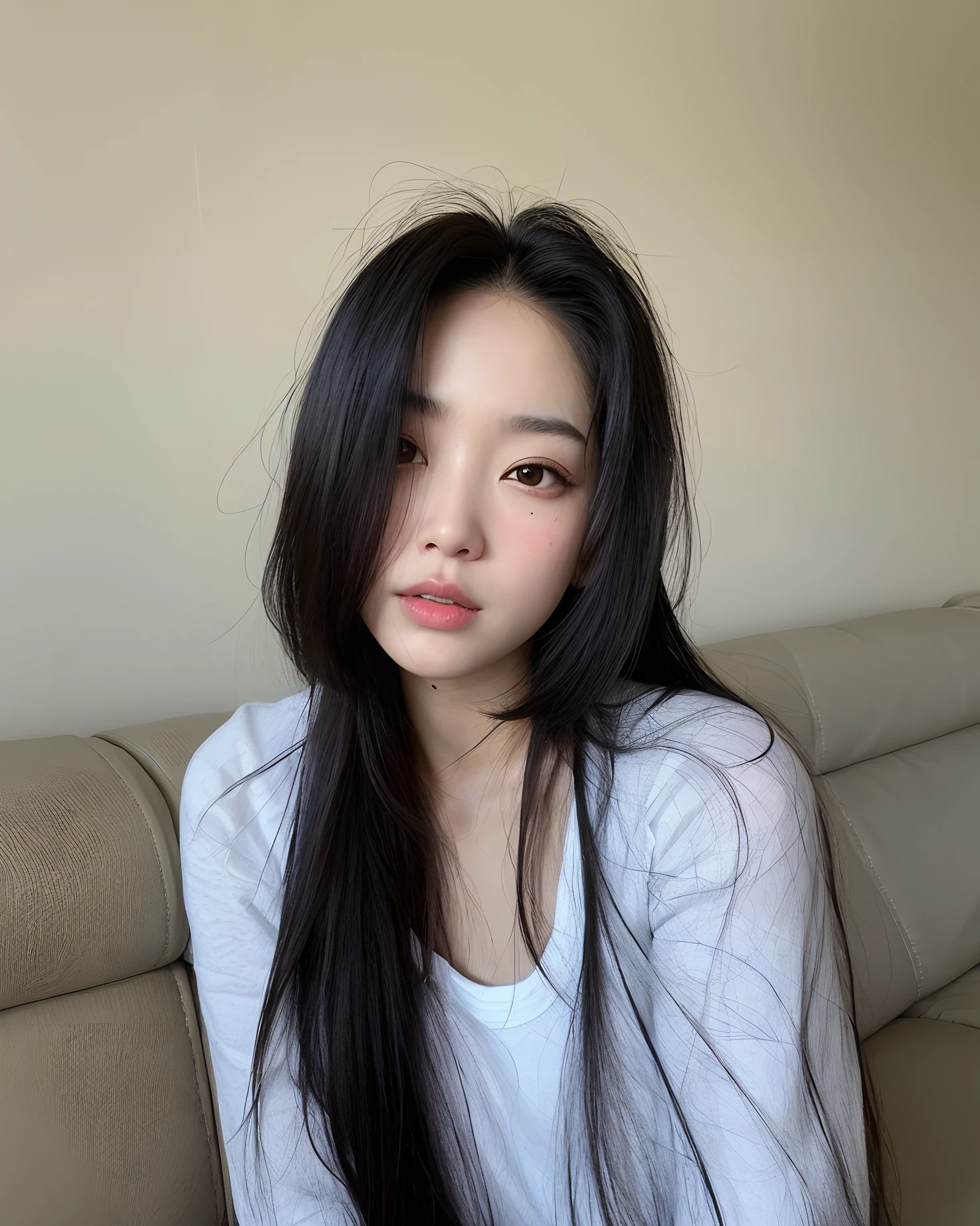 arafed woman with long black hair sitting on a couch, Mulher sul-coreana bonita, coreana, young adorable korean face, south east asian with round face, linda mulher coreana jovem, wan adorable korean face, mulher coreana jovem bonita, pale round face, korean face features, young cute wan asian face, Jaeyeon Nam, com rosto redondo, a young asian woman