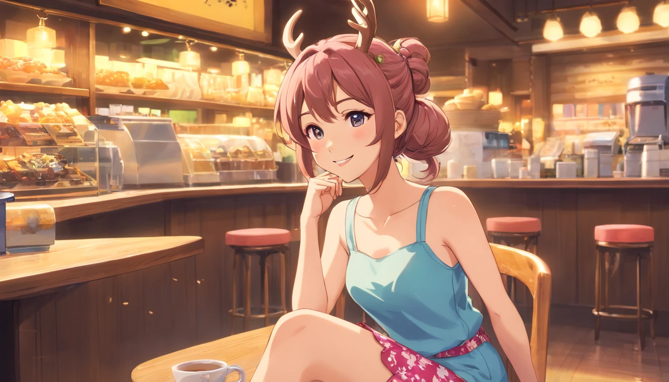 best quality, ((masterpiece)), highly detailed, seductive deer girl, smile, shy, double twisted hair buns, hair styled in loose waves, cute hair accessories, , dress, jewelery, tail, sitting in chair outside coffee shop, deer ears, deer tail, pink floral pants, tank top, backsho