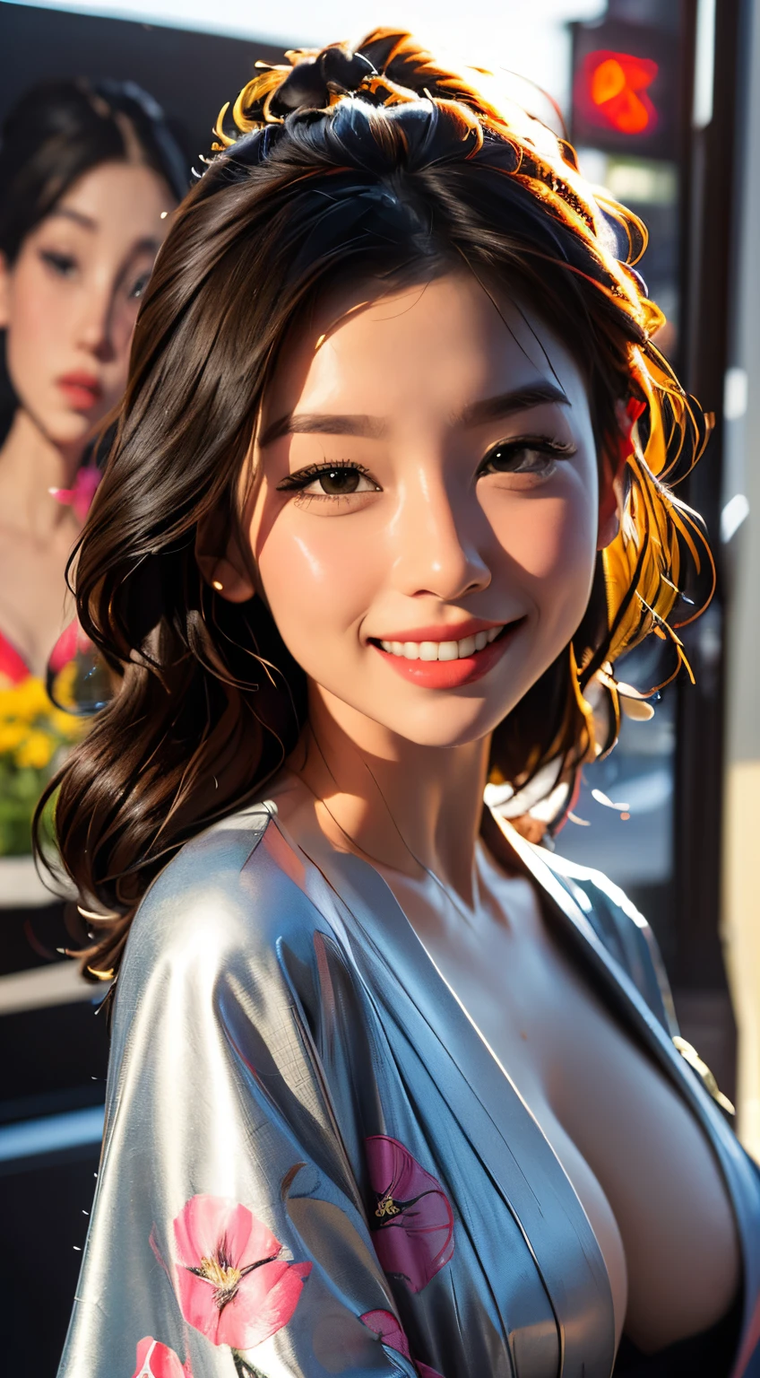 Beautiful face, beautiful body, big smile, light particles, Create digital artwork in the Pop Art style, Featuring a vibrant and confident young Asian girl,full length red kimono dress open (breast), Movie poster theme, Surrounded by vintage flower motifs, tentacles stretching, Vibrant brushstrokes,Emotions should be dynamic, Upper body, Drawing, illustration, Many flowers,
