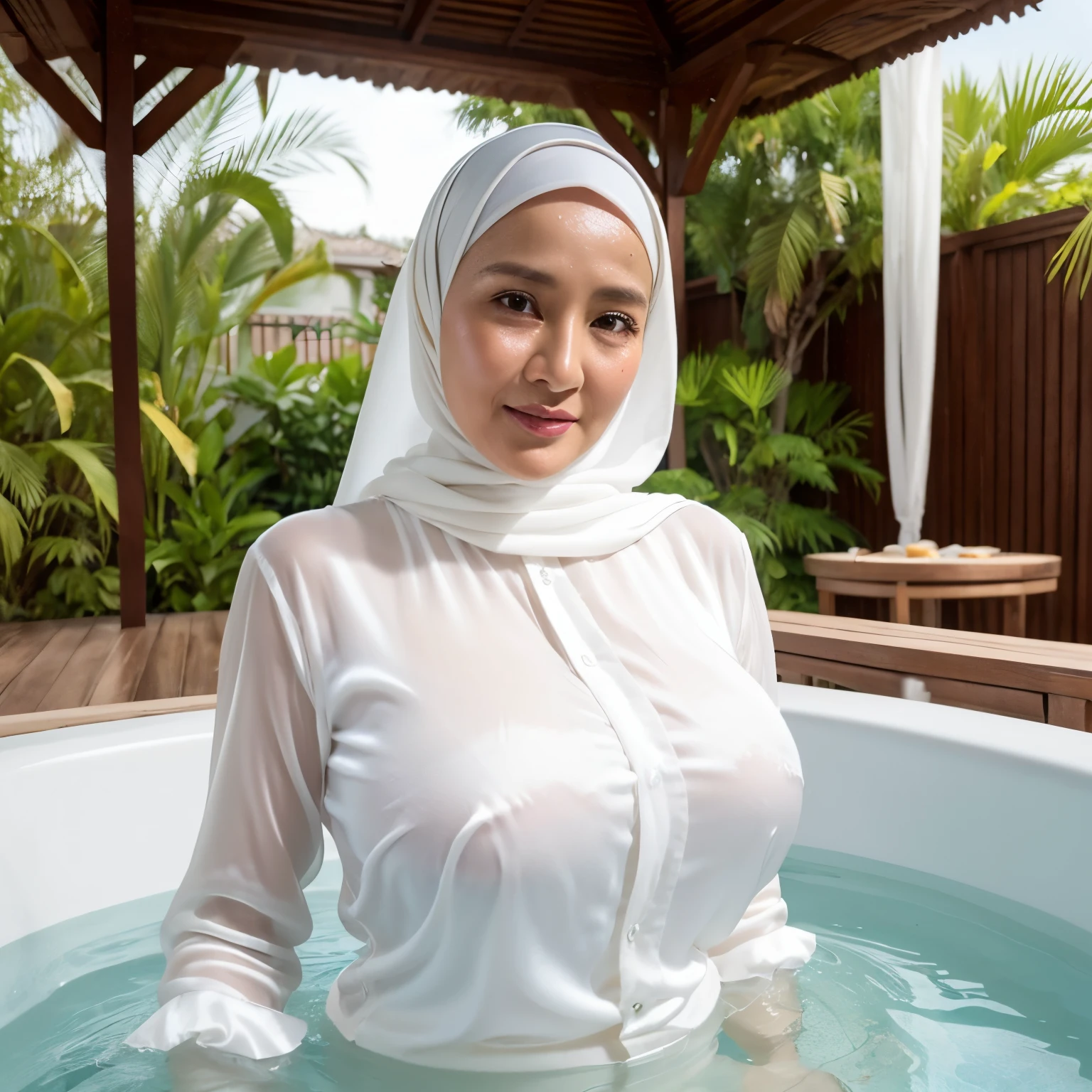 Droopiest gigantic saggiest longest tits, (olied oily sweaty shiny wet skin), white silk buttoned up shirt with long sleeves, 56 Years Old, Hijab Indonesian Mature Woman, White Skin Porcelain, Full body, at Jacuzzi