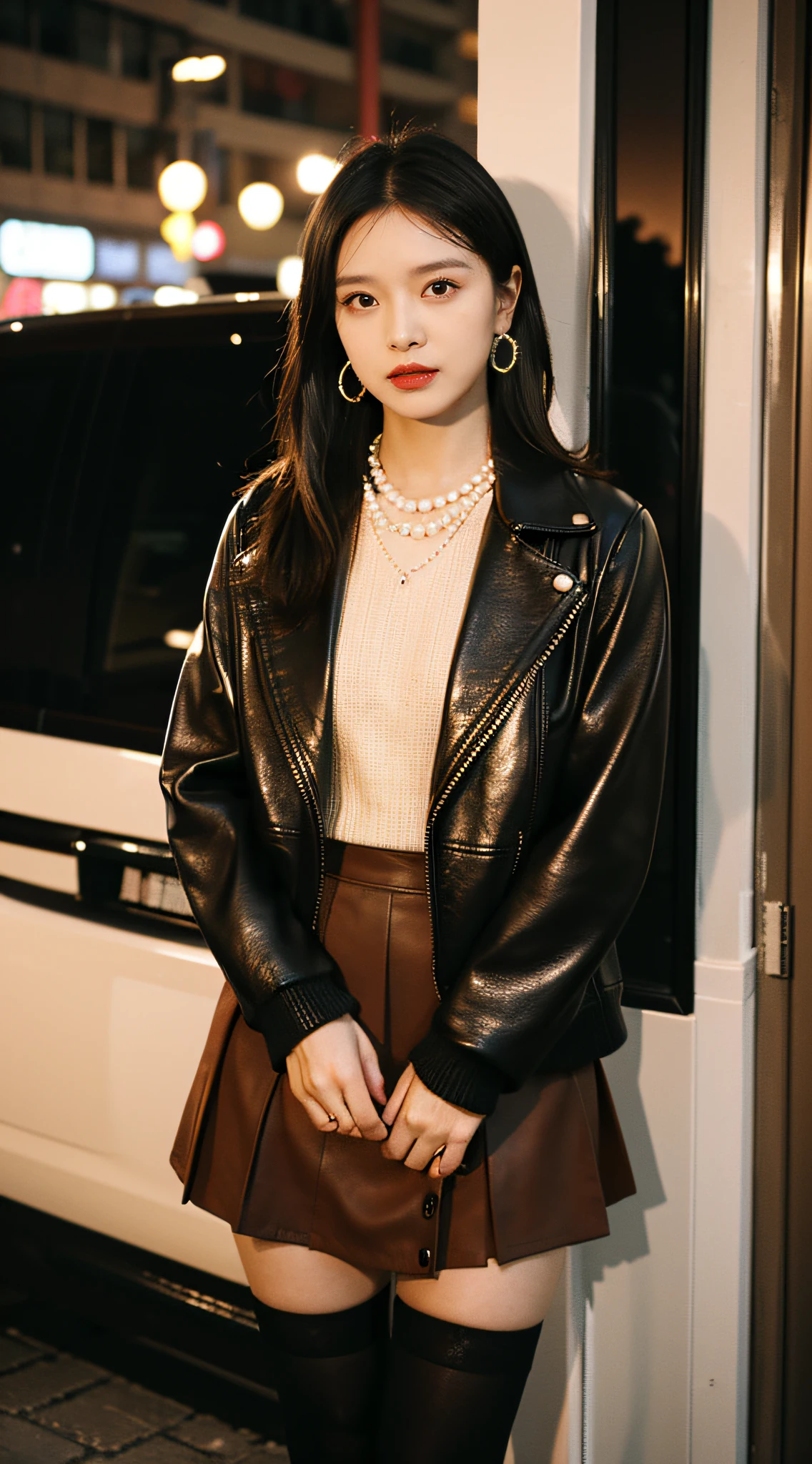 Best quality,tmasterpiece,超高分辨率,(realness:1.4),RAW photos,Cinematic texture,1 beautiful girl,Brown leather jacket，Wear a black sweater underneath，Brown short skirt underneath，Black stockings，Booties，black shoulder-length straight hair，pearls necklace，Pearl earrings，Outdoor activities，fashionable girl